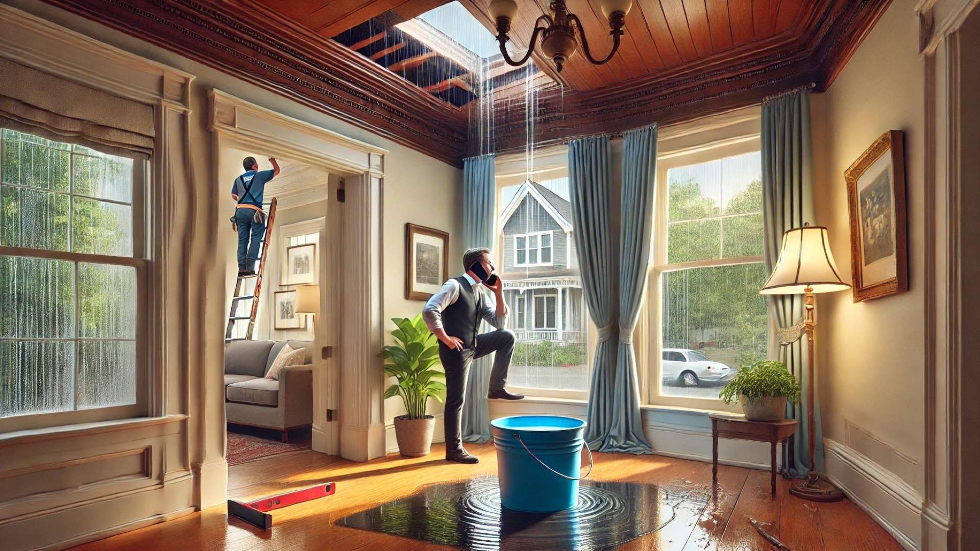 managing a roof leak in a historic Nashville home—capturing the urgency, care, and coordination between the homeowner and roofing professional