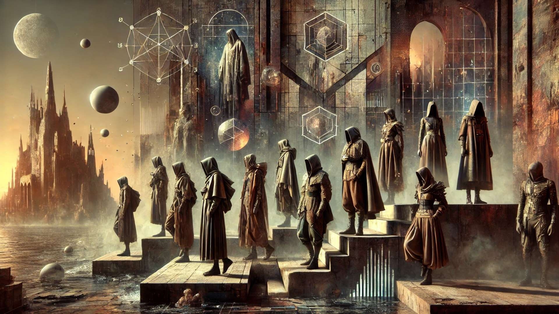 capturing the essence of the "Very Middle Ages" trend — blending medieval symbolism with futuristic fashion in a surreal, moody environment