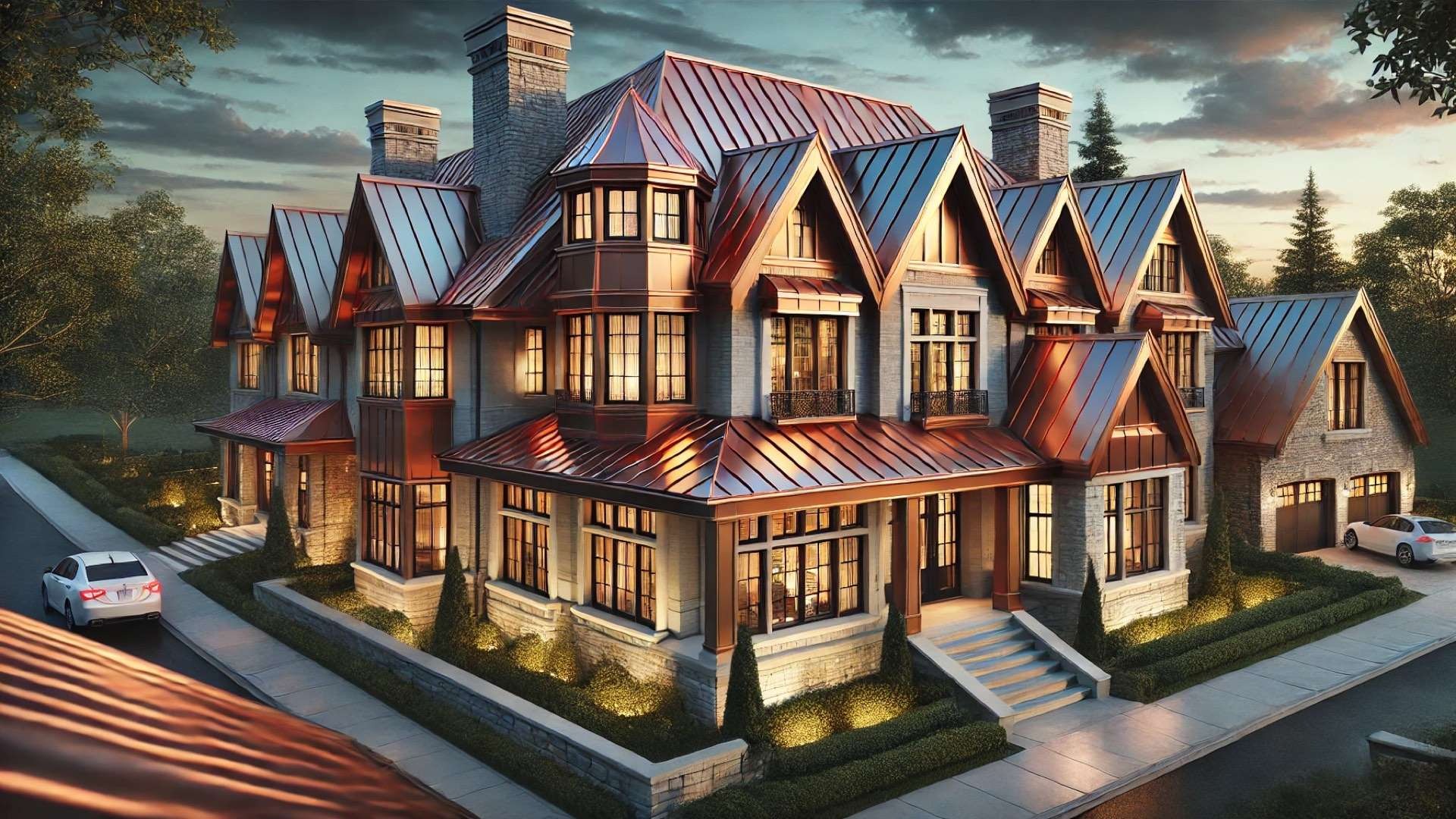 Elegant stone-and-brick home with steep copper rooflines and glowing windows at dusk, showcasing polished copper panels alongside naturally aged patina surfaces.