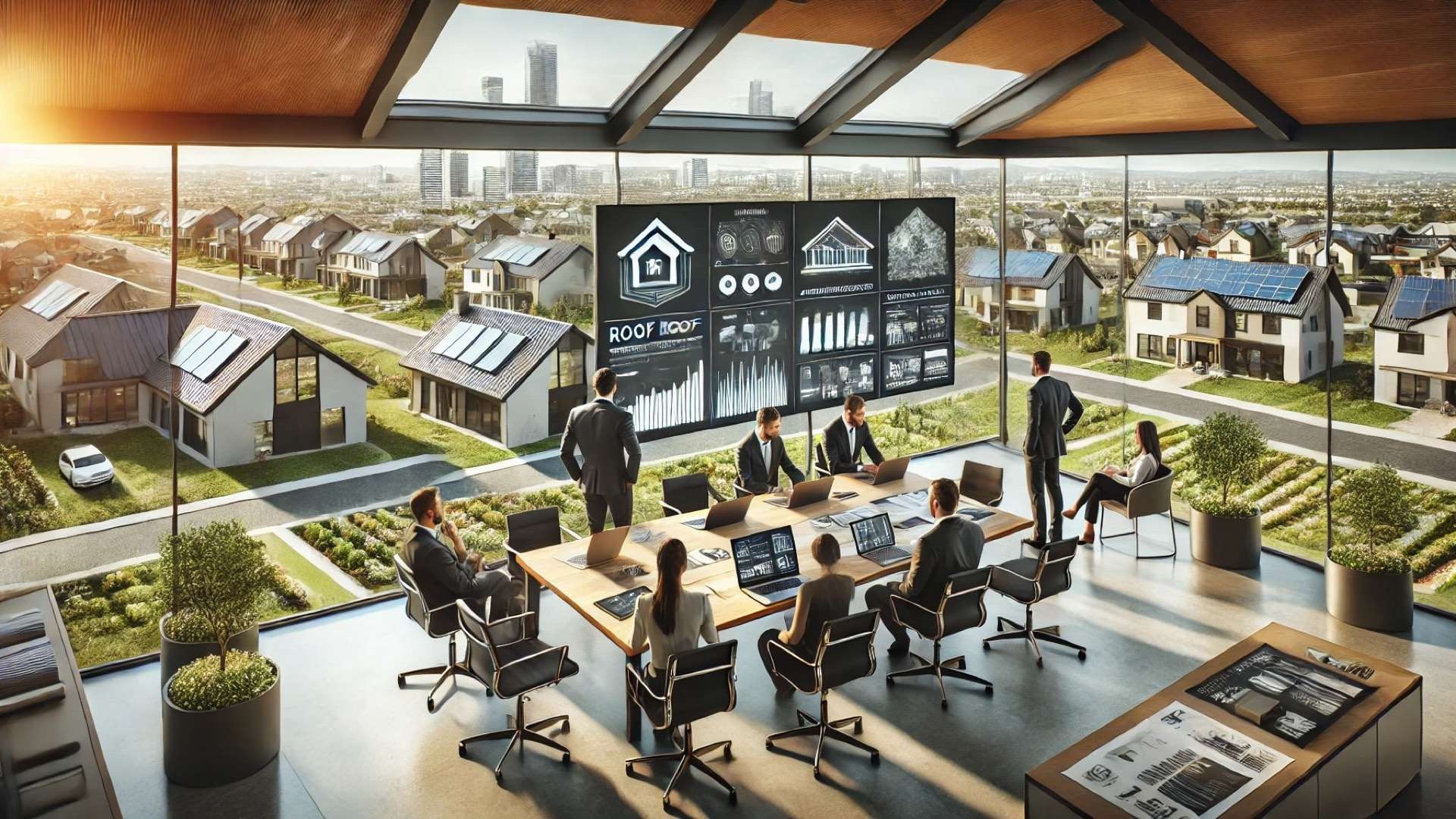 Modern glass-walled executive meeting room overlooking upscale homes with premium roofs, where a professional team reviews digital roof analytics and architectural models on large screens.