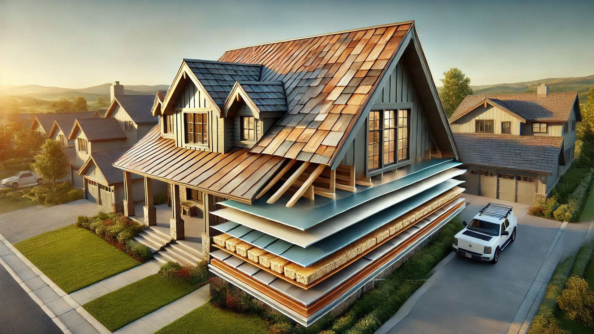modern suburban home showcasing the elegant and durable DECRA metal roofing system, highlighting its layered craftsmanship and refined architectural appeal