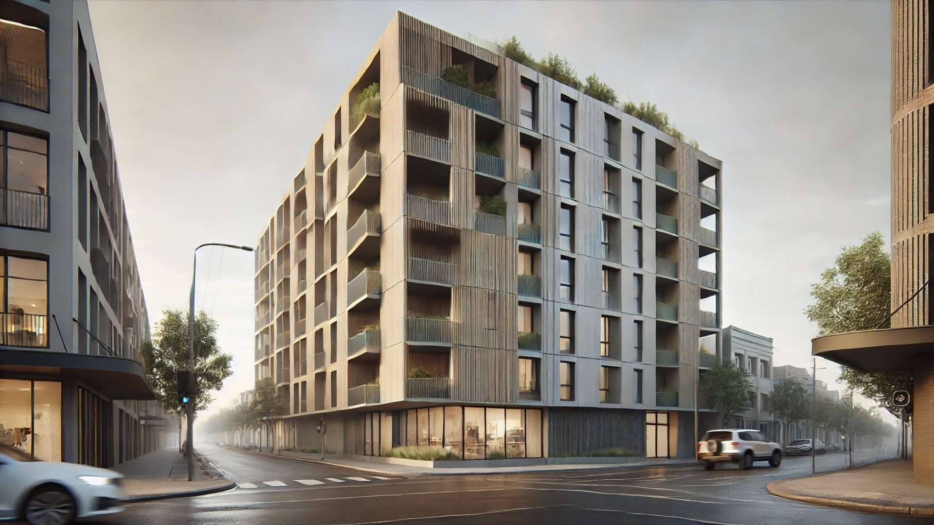 Realistic modern residential building with clean rectilinear architecture, vertical timber screening, modest balconies, and a calm streetscape with trees and storefront glazing.