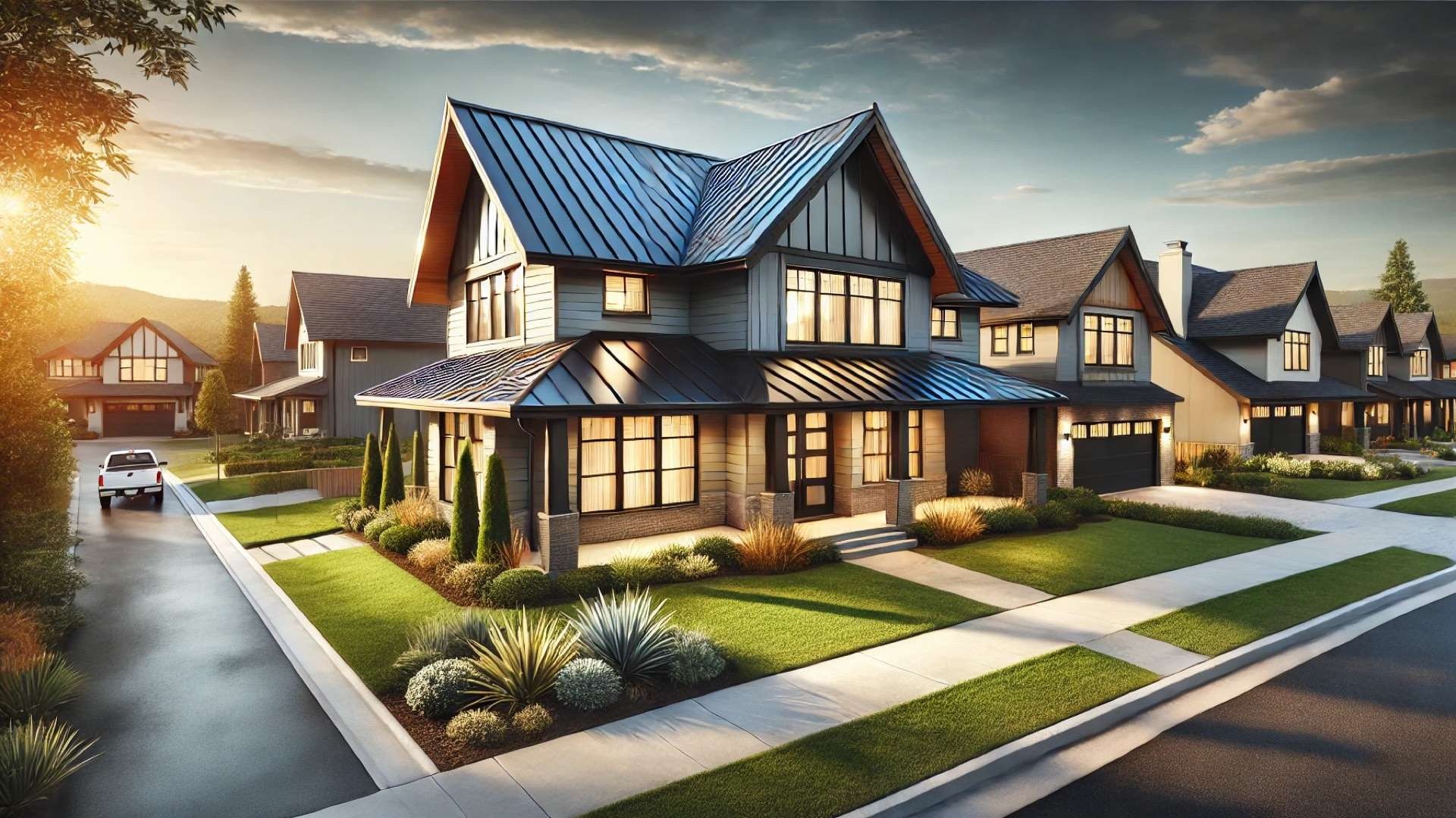 Upscale suburban home with a sleek metal roof reflecting sunlight, contrasted with nearby houses featuring traditional shingle roofs.