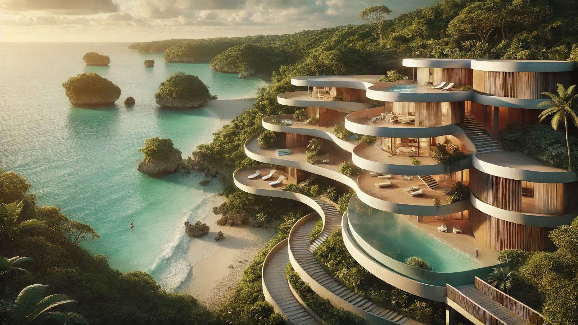 Futuristic coastal resort with flowing terraces and infinity pools built into a lush Okinawa hillside overlooking turquoise ocean waters.