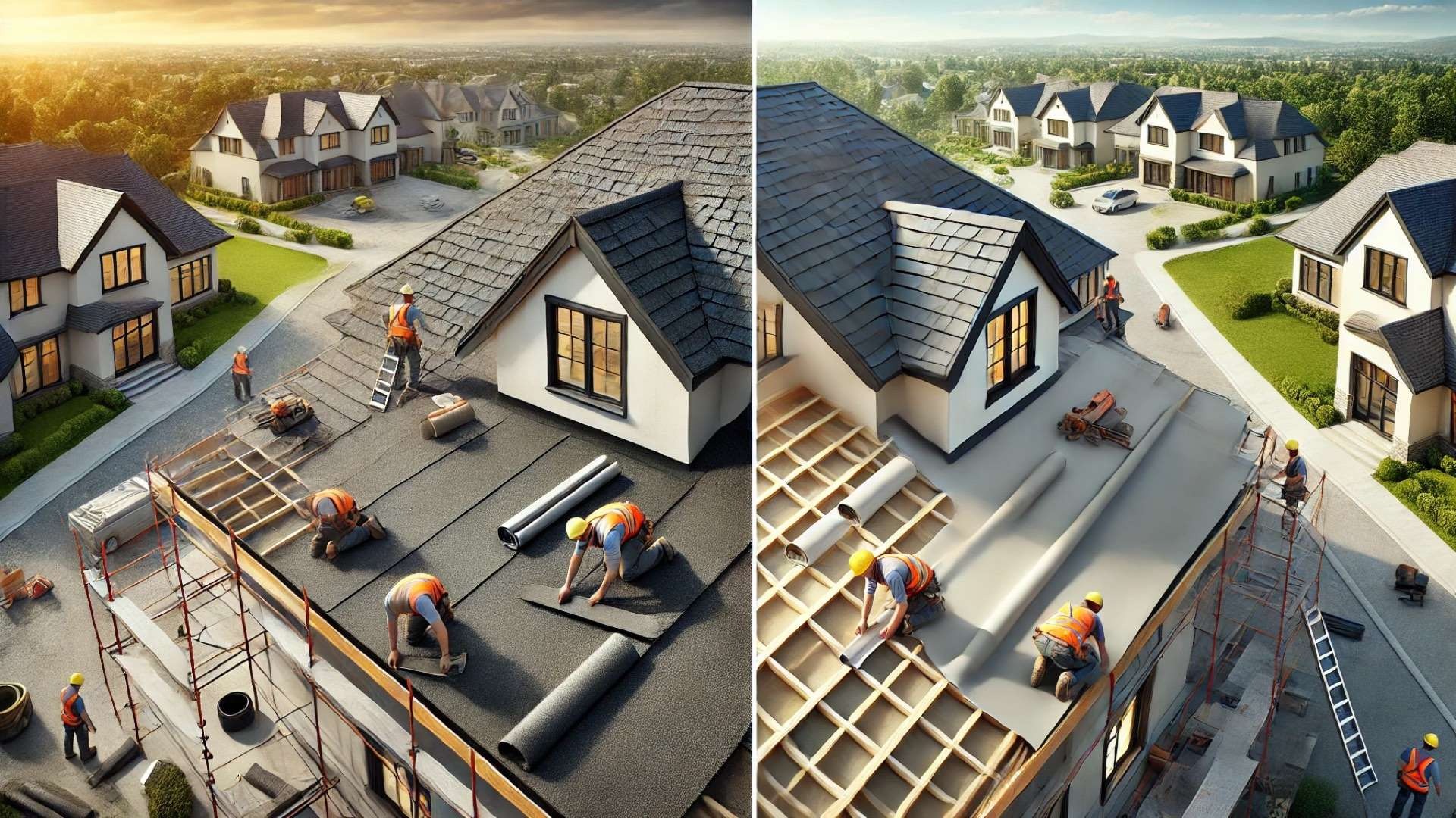 Roofing crew installing underlayment on a sloped house roof, contrasting rough felt material with a clean synthetic membrane across different areas of the same structure.