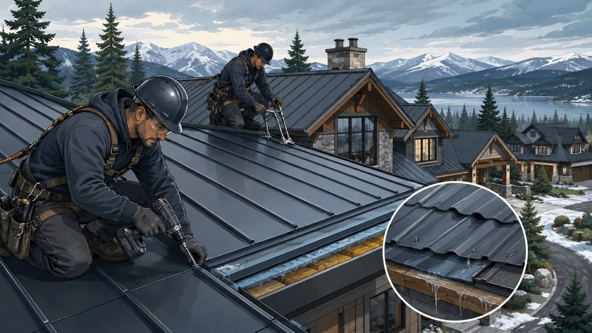 Roofing specialists install a standing seam metal roof on a mountain home, using precision tools to show the importance of certified metal-roof craftsmanship in harsh climates.