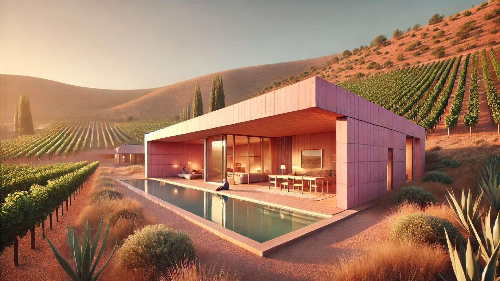 Warm pink concrete courtyard house with sliding glass walls, furnished interiors, and a central pool set among Chilean vineyards at sunset.