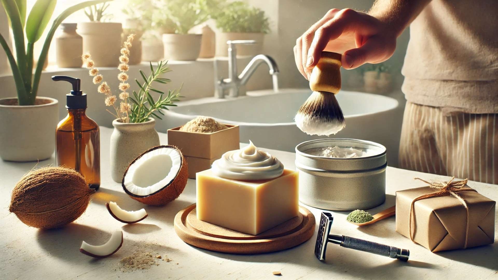 Solid shaving soap bar with natural ingredients, safety razor, and brush on a sunlit bathroom counter emphasizing sustainable, plastic-free grooming.