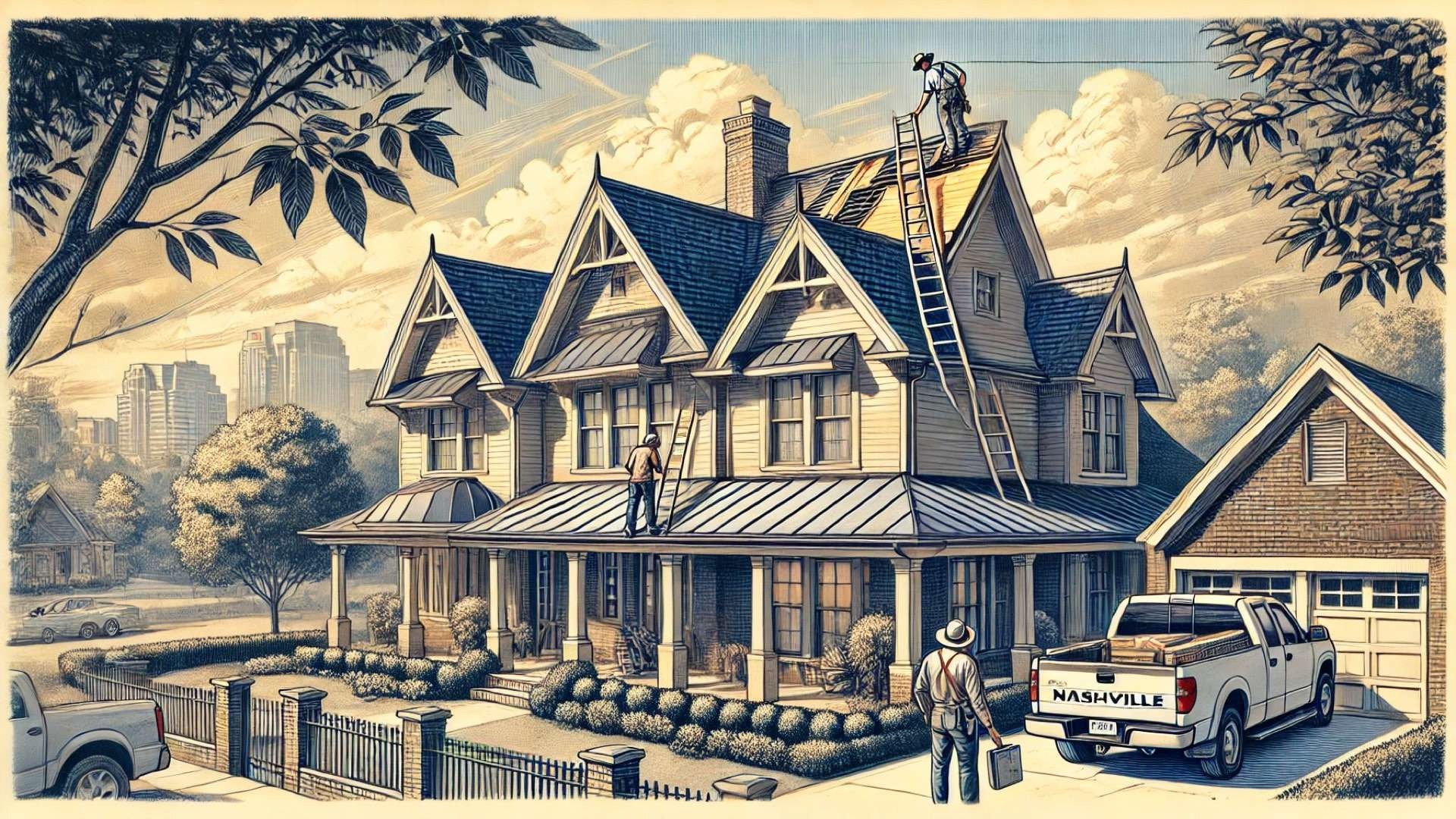 professional roofing inspection on a Nashville home, capturing the blend of Southern architectural charm, craftsmanship, and attention to building code compliance