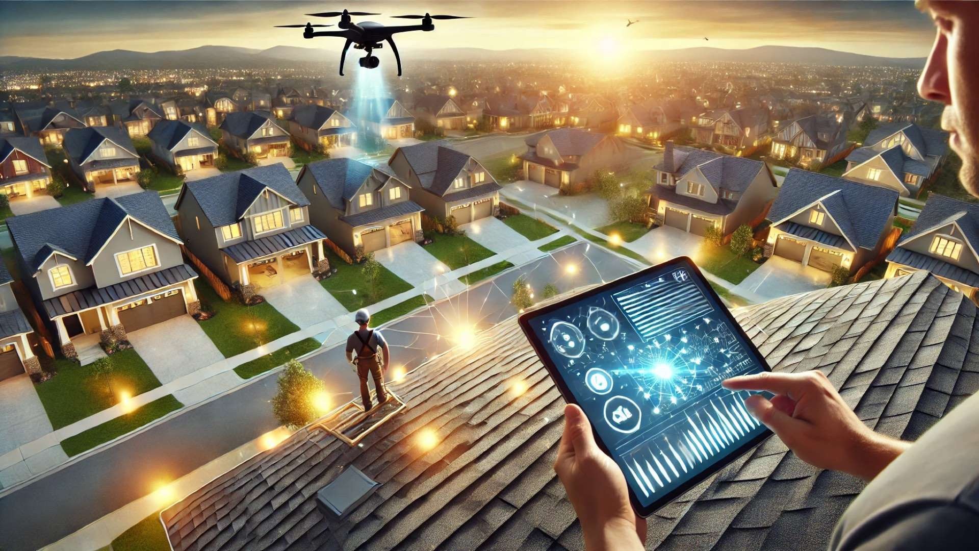 Roofing contractor using aerial drone and tablet to analyze upscale neighborhood roofs with glowing digital network visualization at sunset.