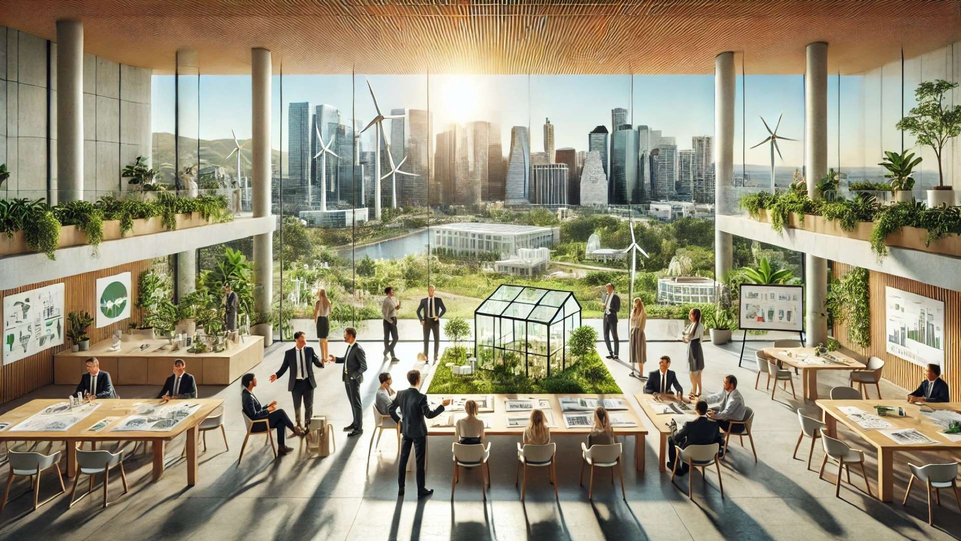 Collaborative meeting in a modern, plant-filled space with architects and planners discussing designs, set against a panoramic view of a city with wind turbines and green infrastructure.