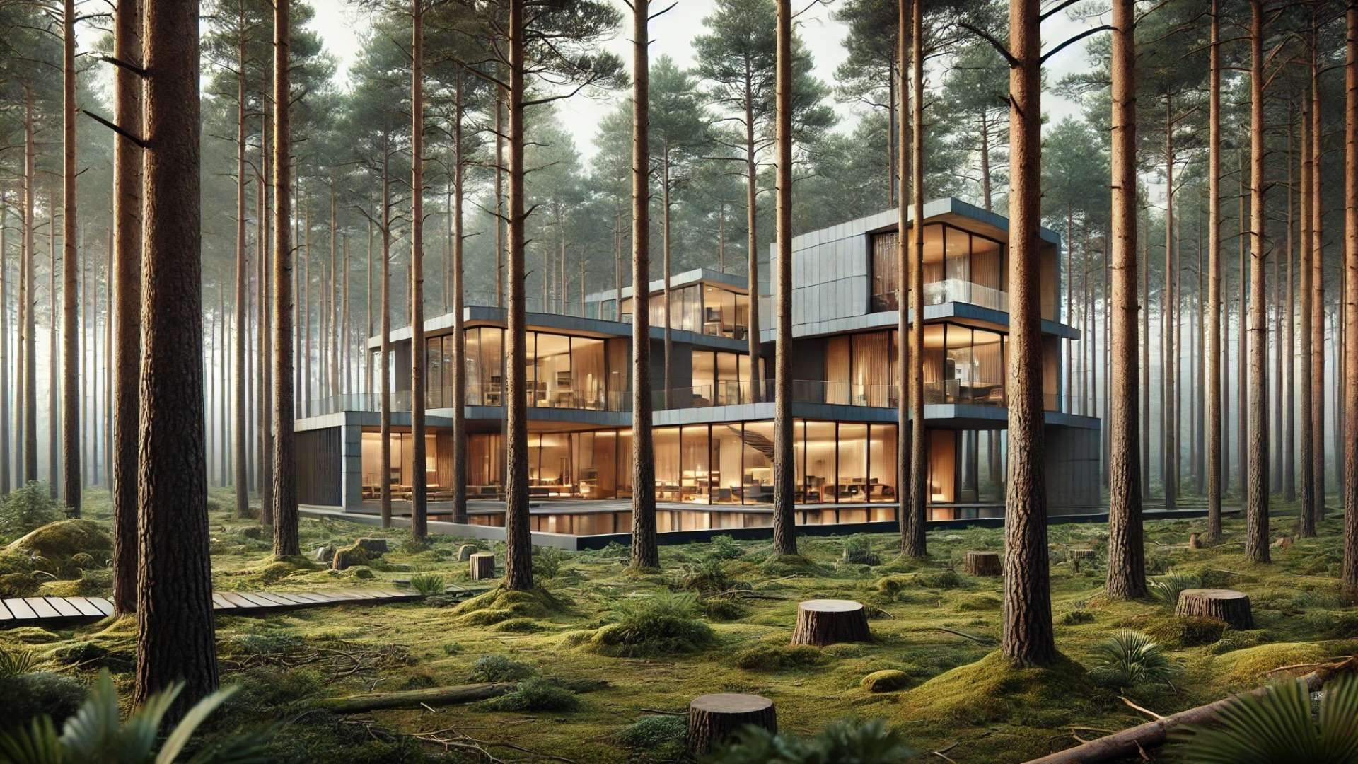 Contemporary Lithuanian forest residence composed of glass and concrete volumes carefully woven among tall pine trees, with warm interior lighting glowing across a moss-covered woodland floor.