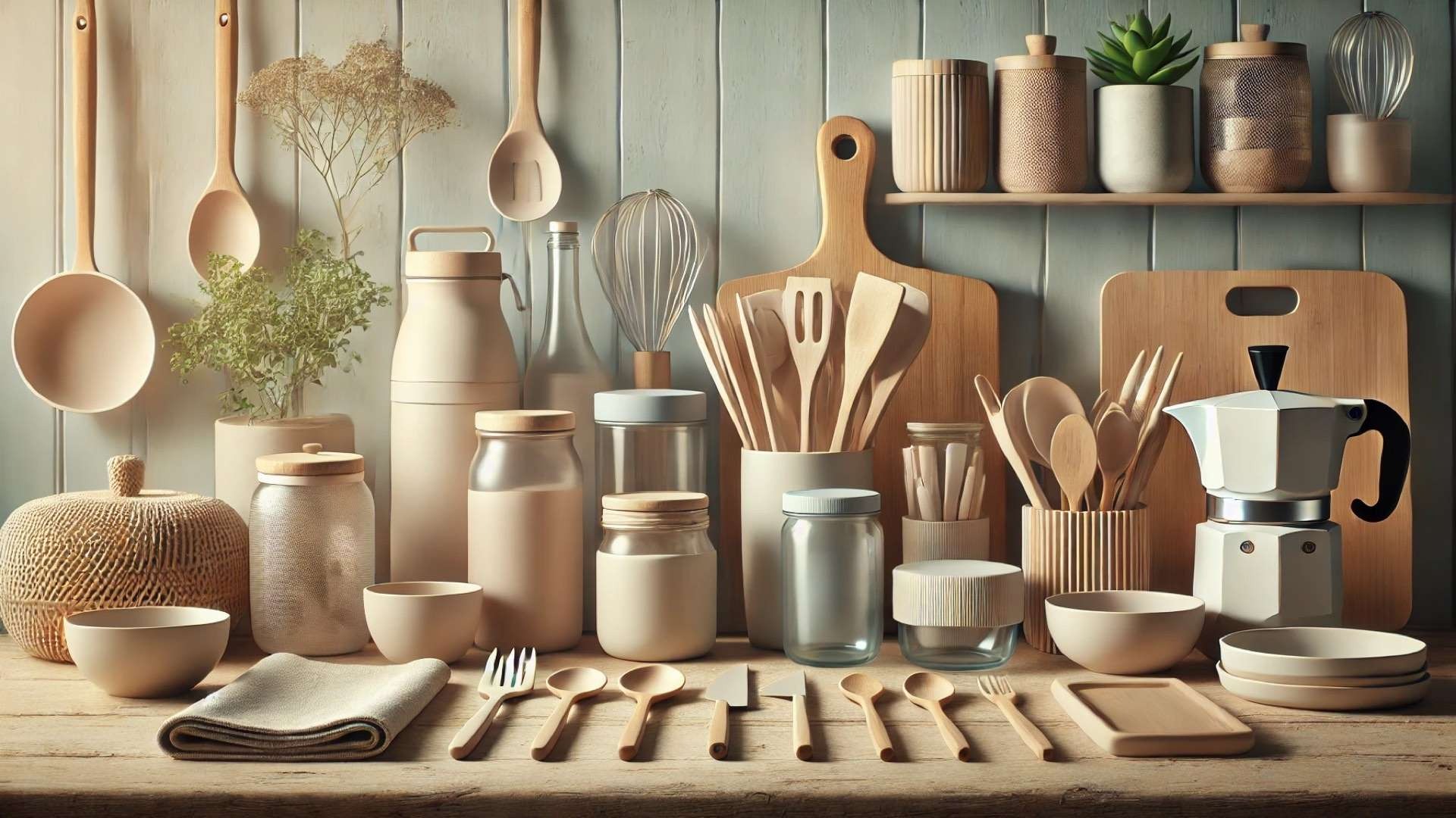 Minimalist kitchen still life with neatly arranged utensils and containers in neutral tones, including glass jars, wooden tools, and soft-toned reusable items under warm natural light.