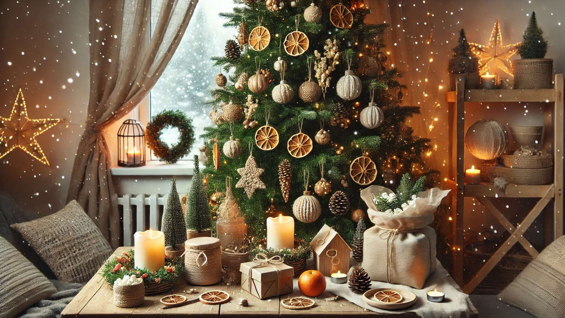 warm, festive living space decorated with sustainable holiday elements—handmade ornaments, natural materials, and eco-conscious details