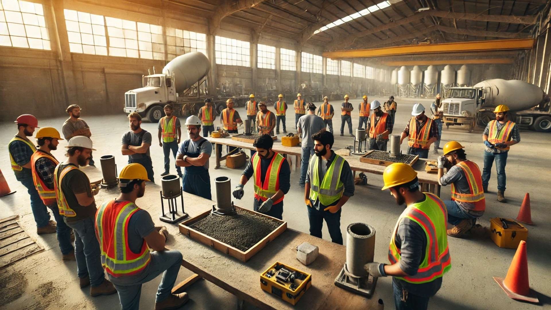 Group of construction workers gathered around tables inside a large industrial space, practicing concrete testing methods with cylinders and tools under warm daylight.