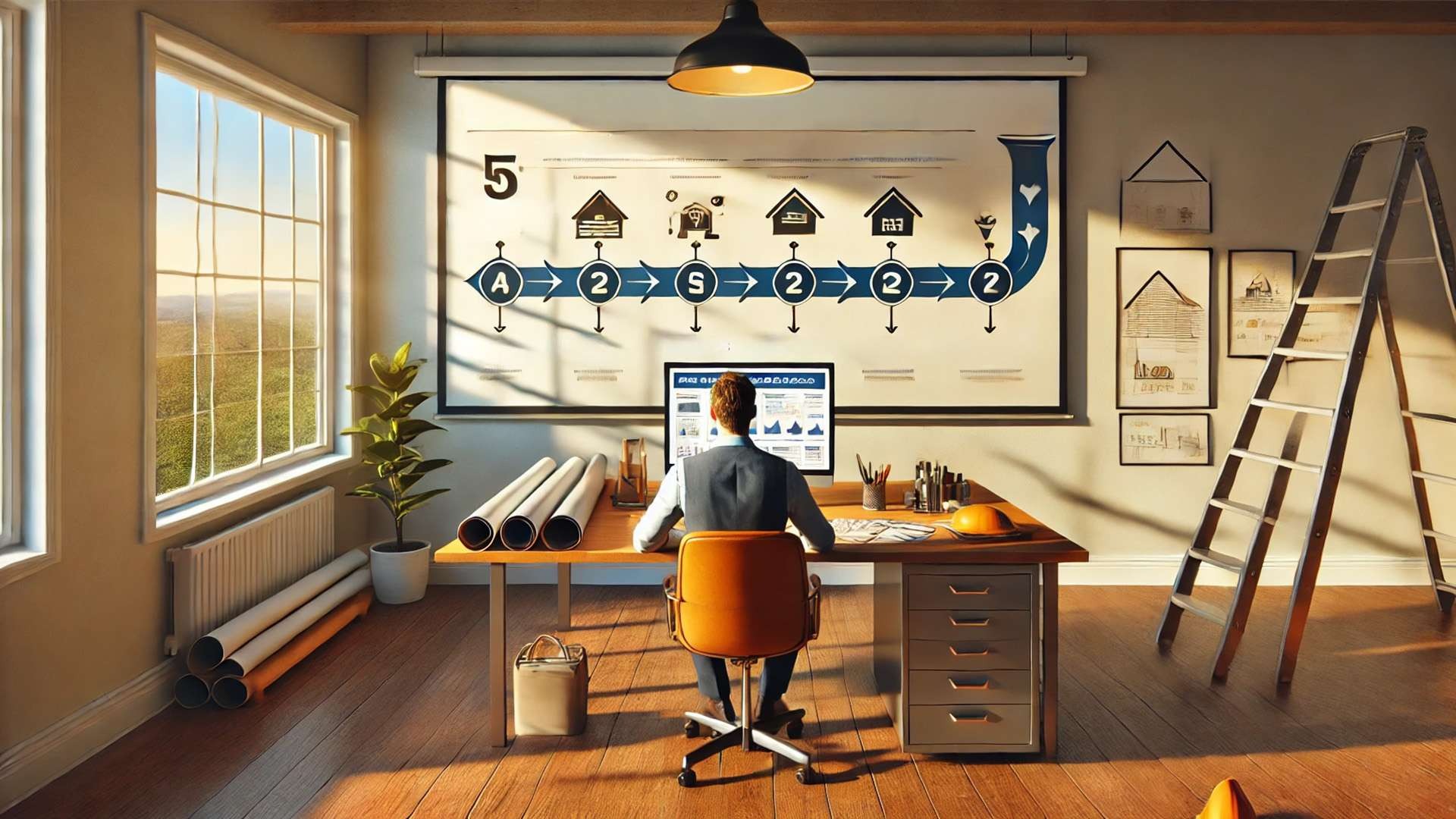 Roofing company owner reviewing a five-stage client conversion pathway diagram on a large wall display in a bright contractor office.