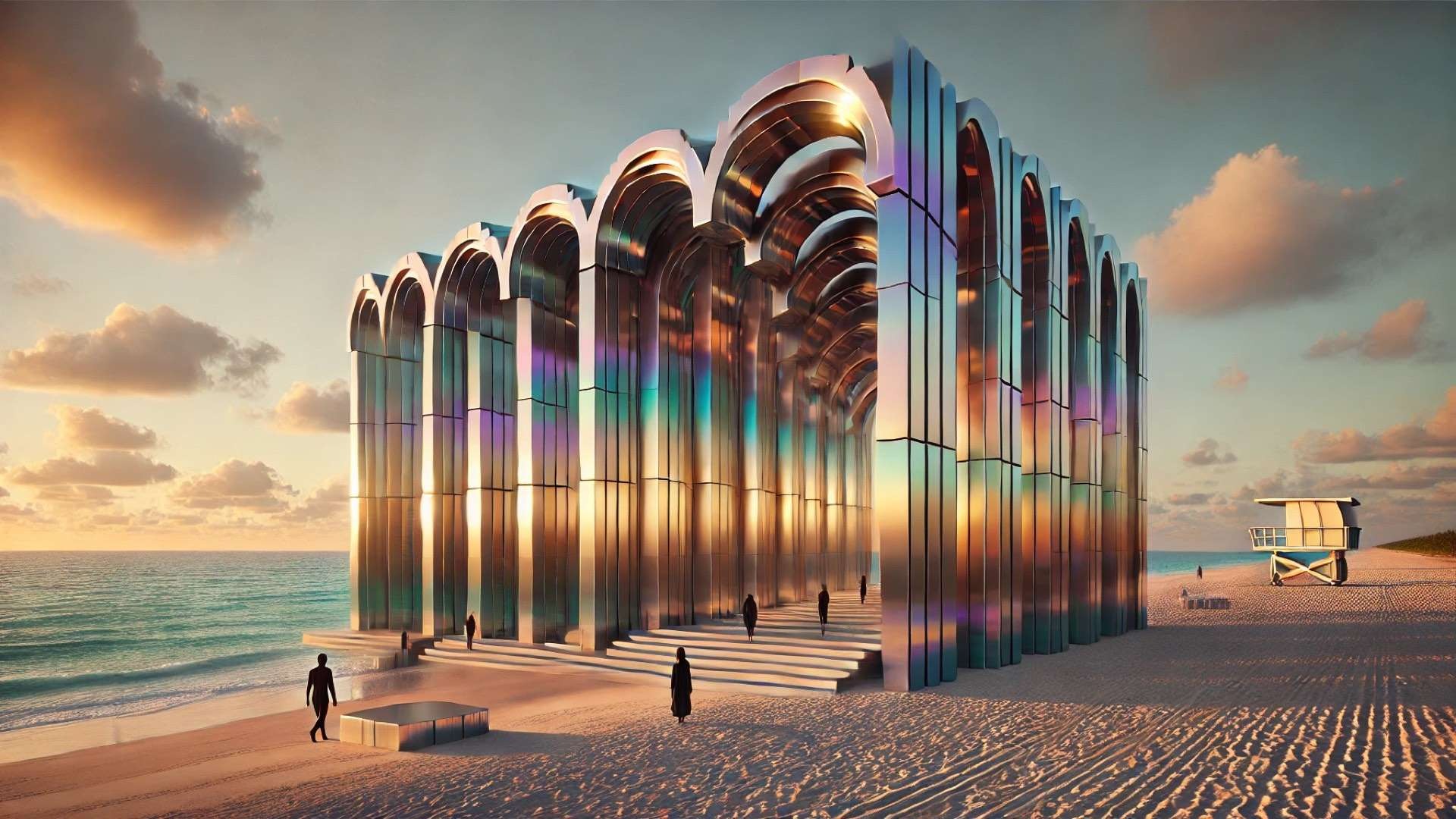 A row of iridescent metallic arch-shaped portals aligned on a sandy beach, framing the ocean horizon as light and shadows shift across their geometric surfaces.