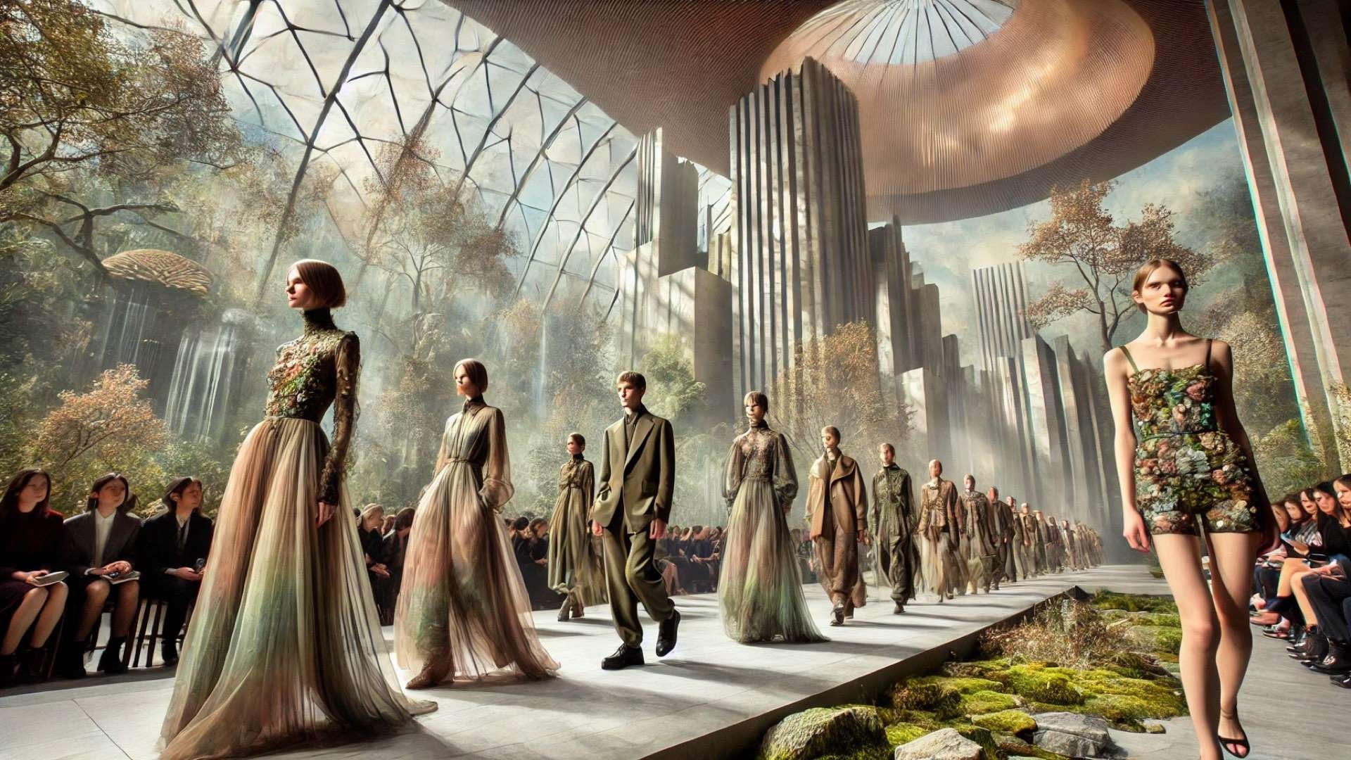 sustainable and nature-inspired fashion aesthetic of the Autumn Winter 2026–2027 season at Texworld Paris, blending organic beauty with futuristic design