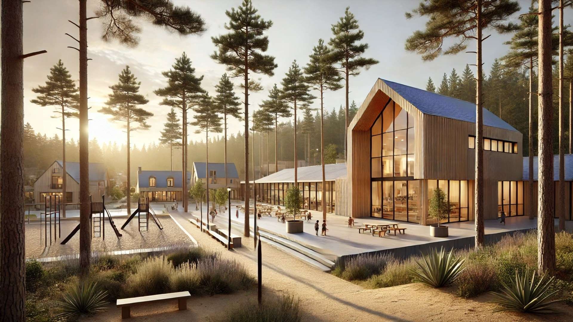 Contemporary wooden elementary school and community hall surrounded by tall pine forest with a playground and open courtyard for children.