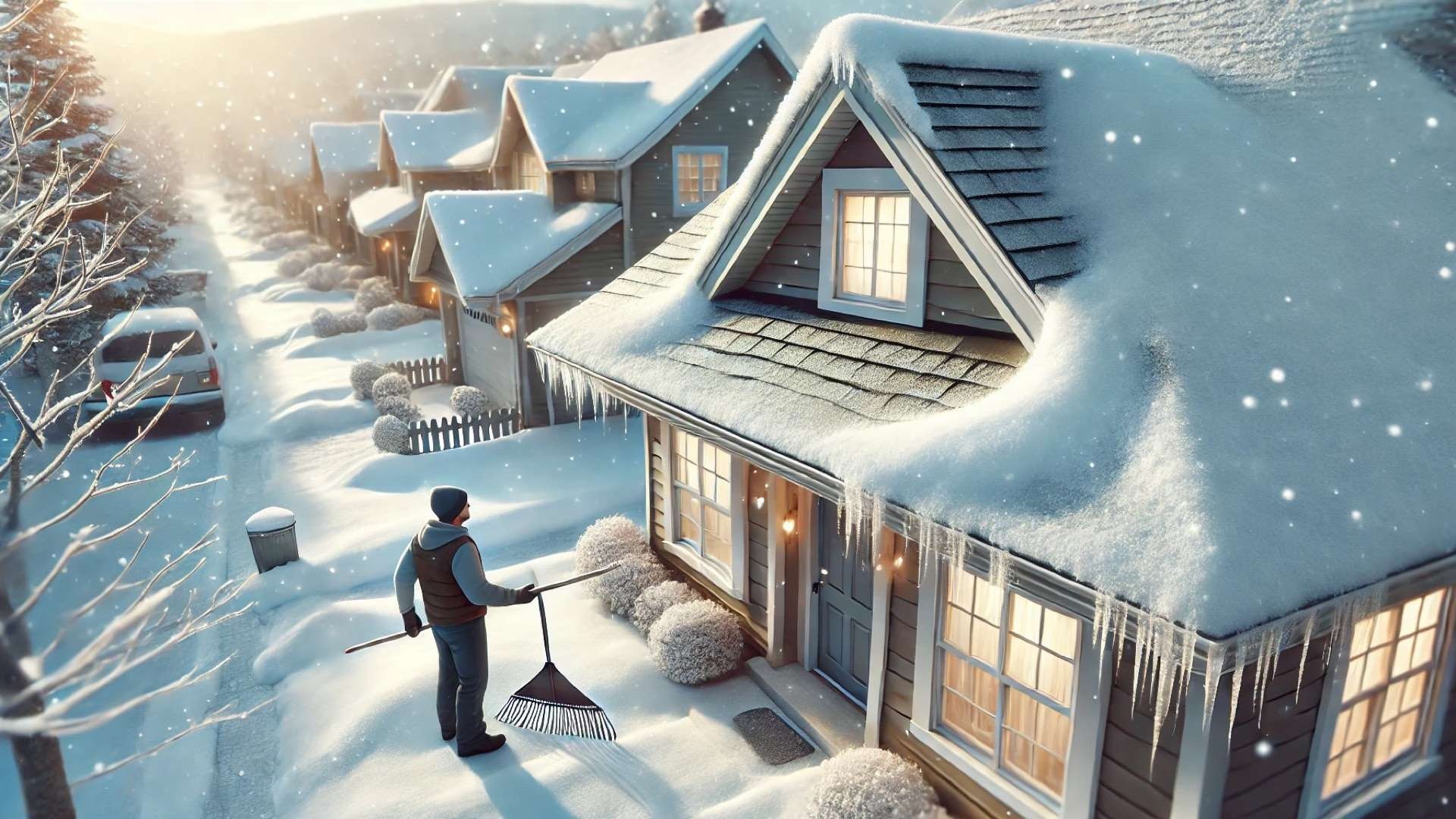 cozy winter neighborhood scene, focusing on a homeowner inspecting their snow-covered roof, symbolizing preparedness and winter maintenance