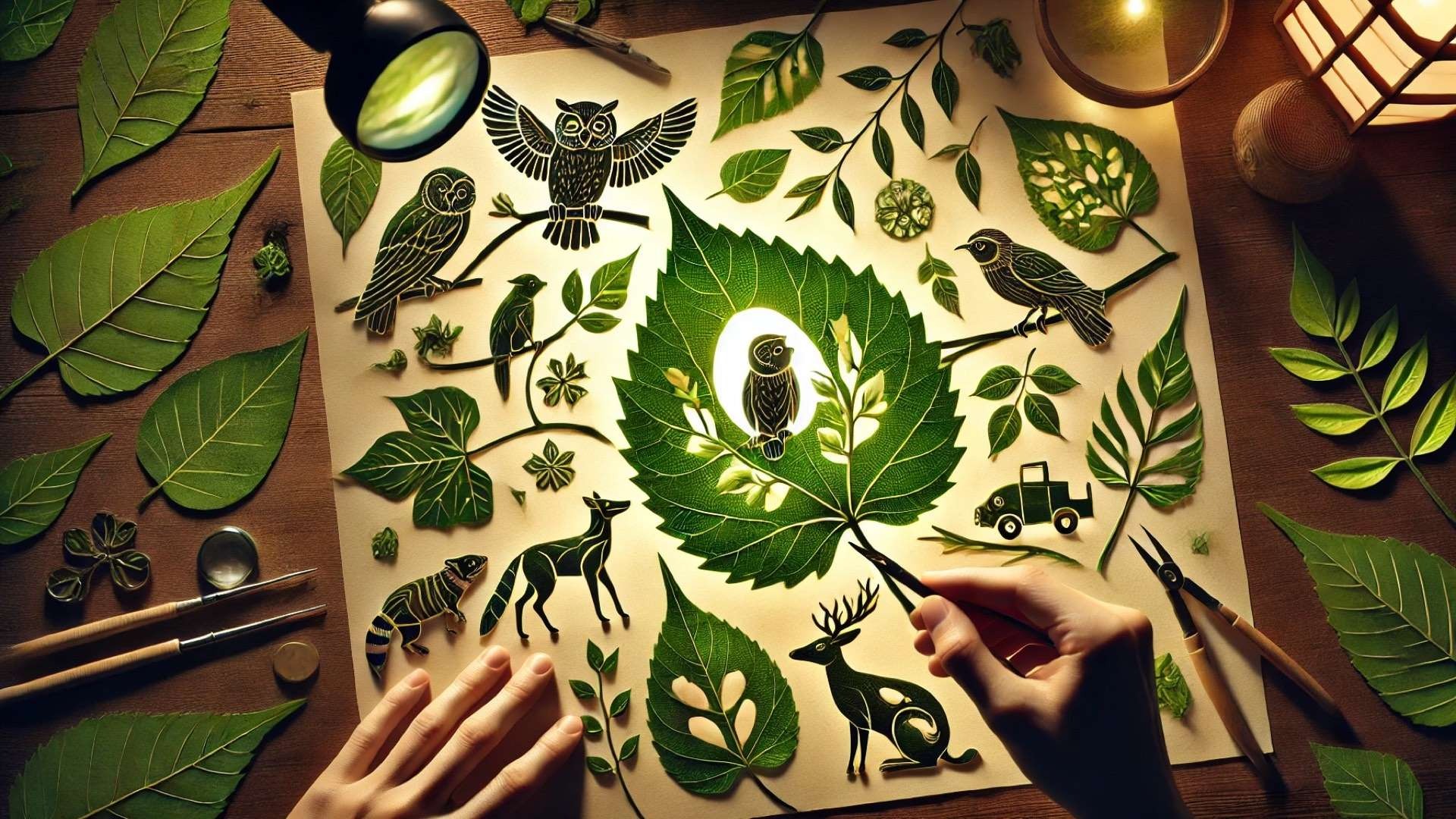 Warmly lit artist’s table covered with intricately carved green leaves depicting animal silhouettes, surrounded by cutting tools, magnifying lenses, and delicate botanical details.