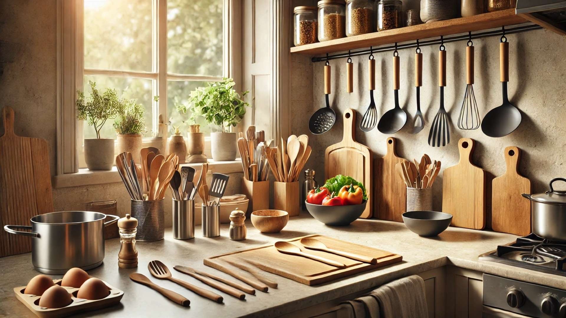 Warm, sunlit kitchen with wooden, bamboo, and stainless steel cooking utensils arranged on a countertop, fresh vegetables nearby, and black plastic utensils set aside in the background.