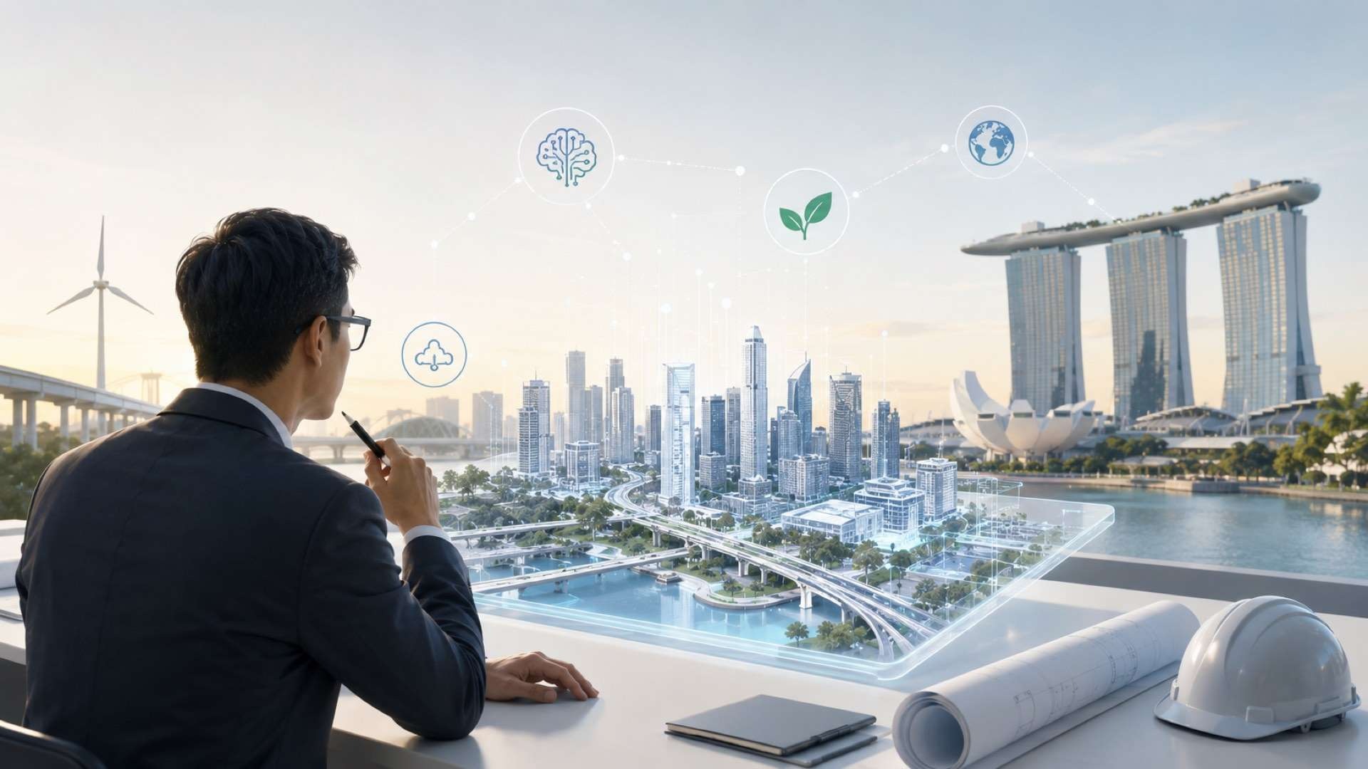 An infrastructure professional studies a glowing digital twin of a modern Singapore cityscape, with bridges, transit networks, renewable energy, and subtle AI and sustainability symbols illustrating the future of intelligent infrastructure.