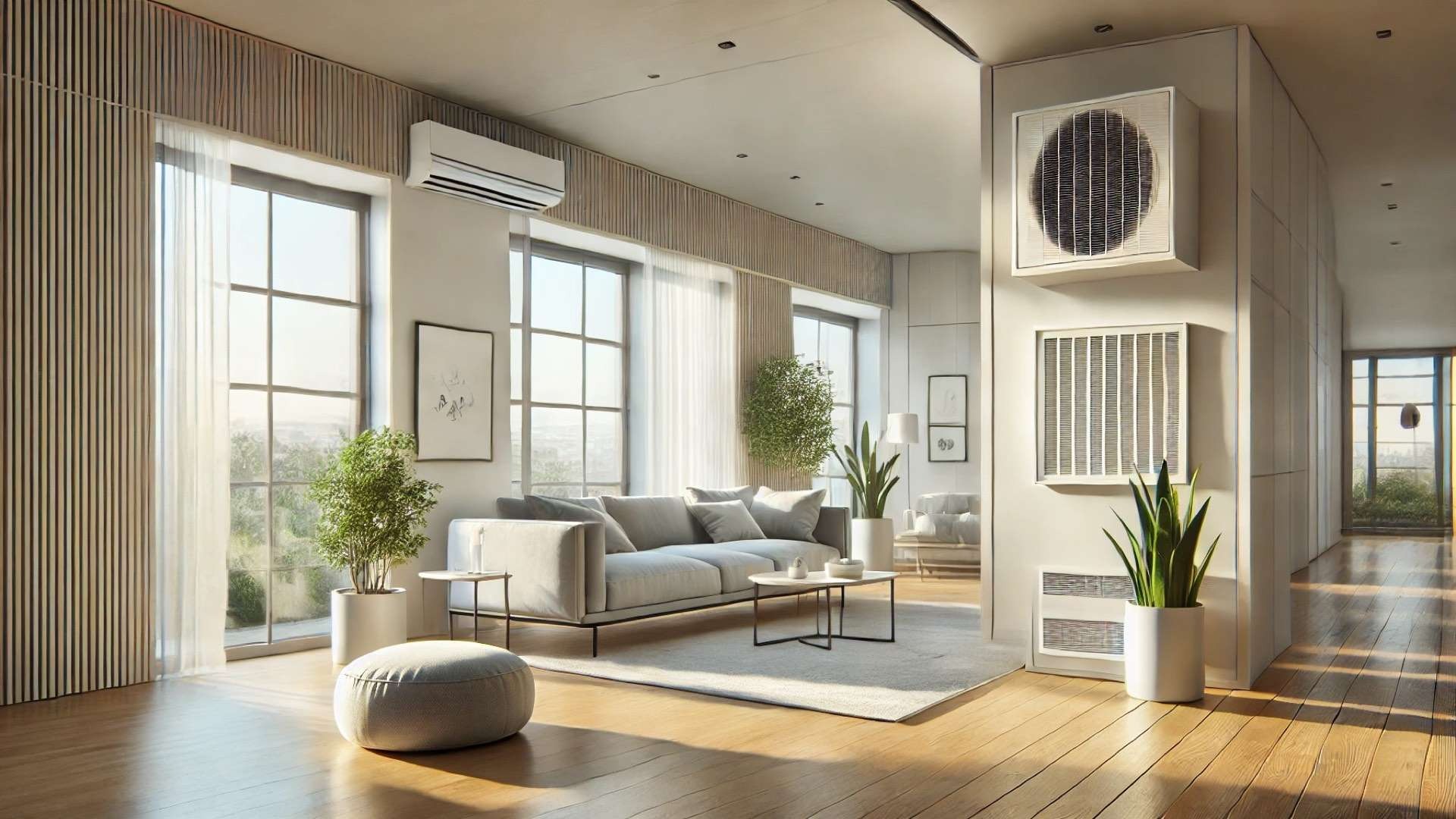 Sunlit modern living room with visible HVAC vents and a high-efficiency air filtration unit, illustrating clean, healthy indoor air circulation in a sealed home.