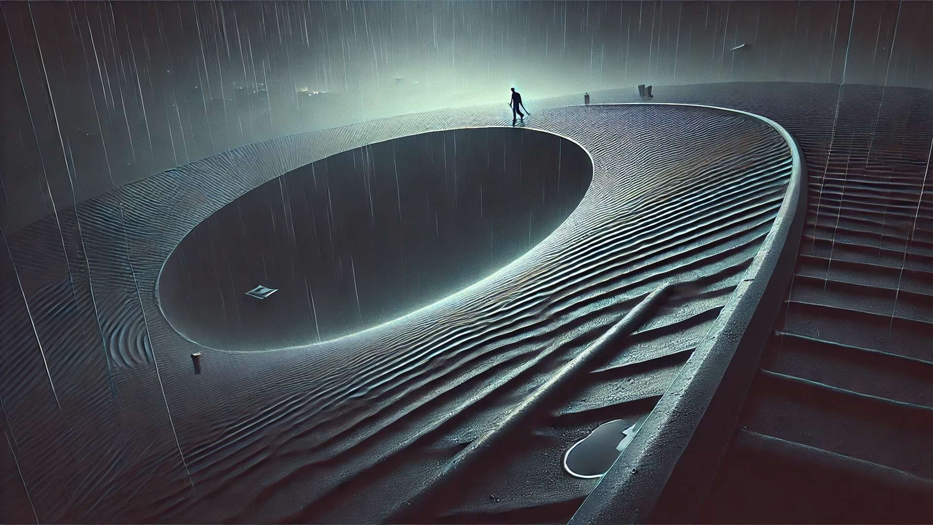A person walks along a curved structure surrounding a large circular opening, rain falling across a textured surface with steps descending at the side, suggesting a decision environment where options are reduced to simple comparison.