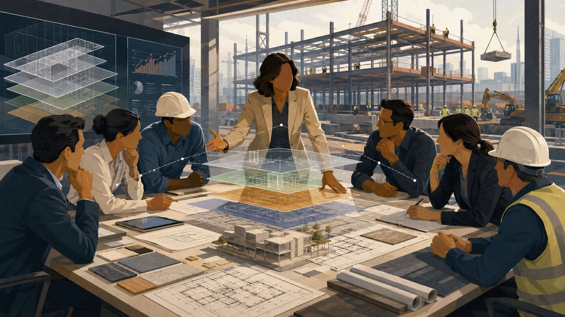 An Owner Advisor guides a design-build team around project plans and models, with an active construction site visible behind them.