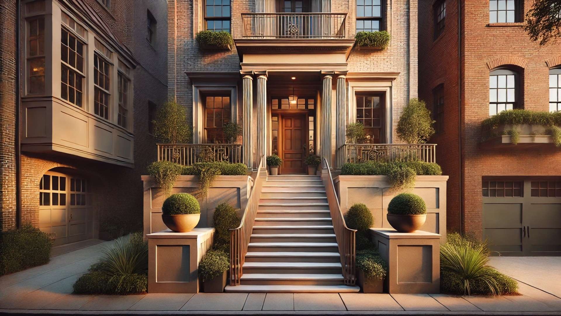 Radcliffe House’s recessed front entry stair, showing its elegant integration with the raised brick façade and softening greenery