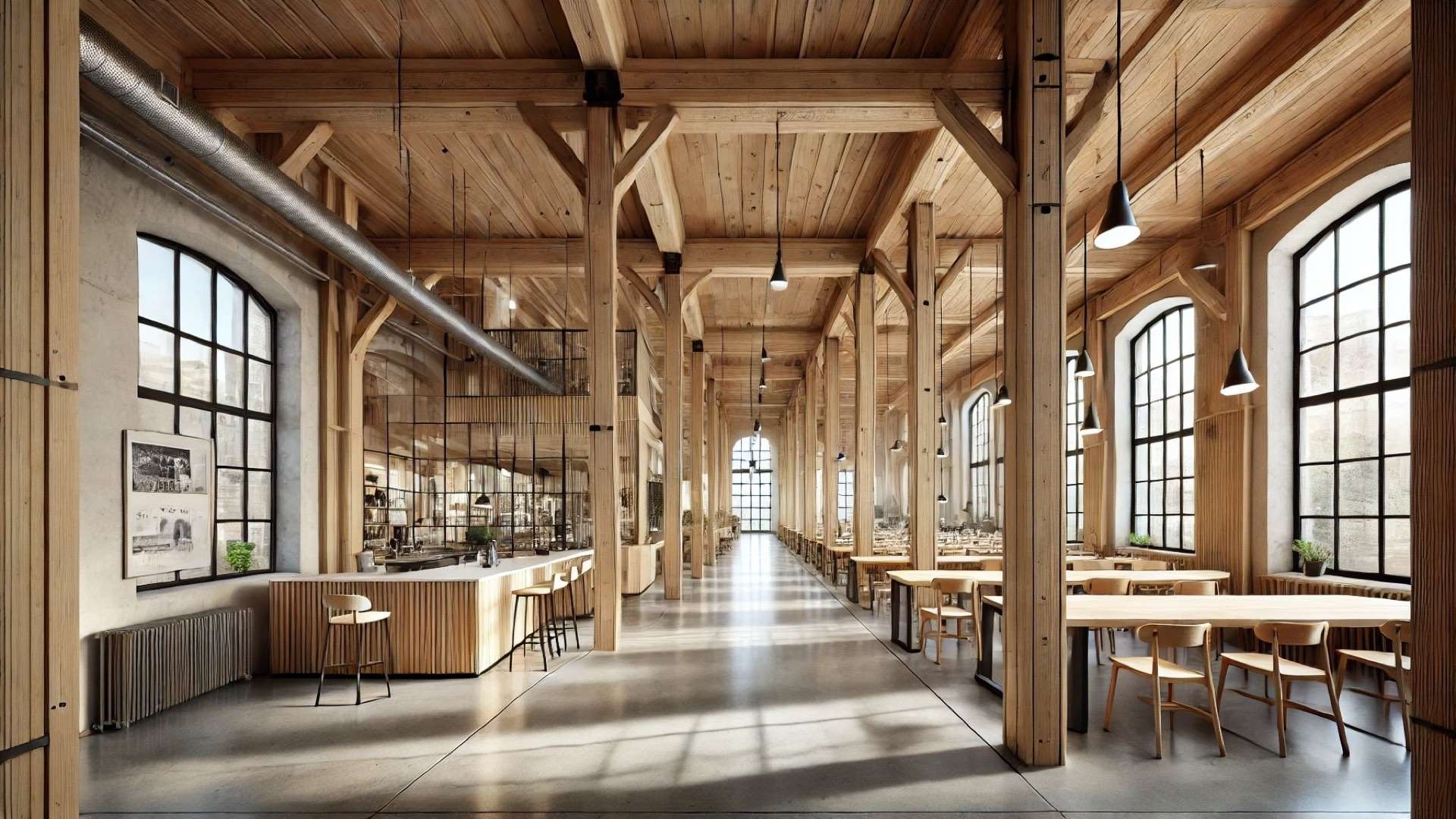 modern interior in a renovated 1960s wooden building, highlighting preserved natural materials, open-plan functionality, and a warm yet contemporary atmosphere