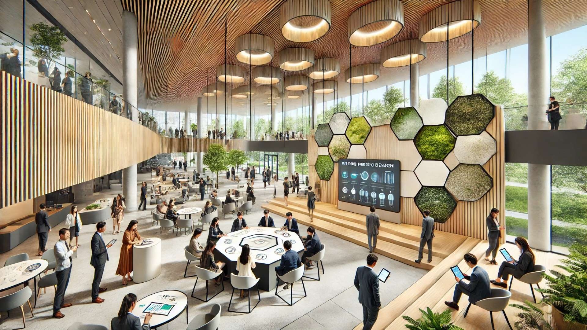 modern, sustainability-focused interior finish summit in a contemporary architectural setting