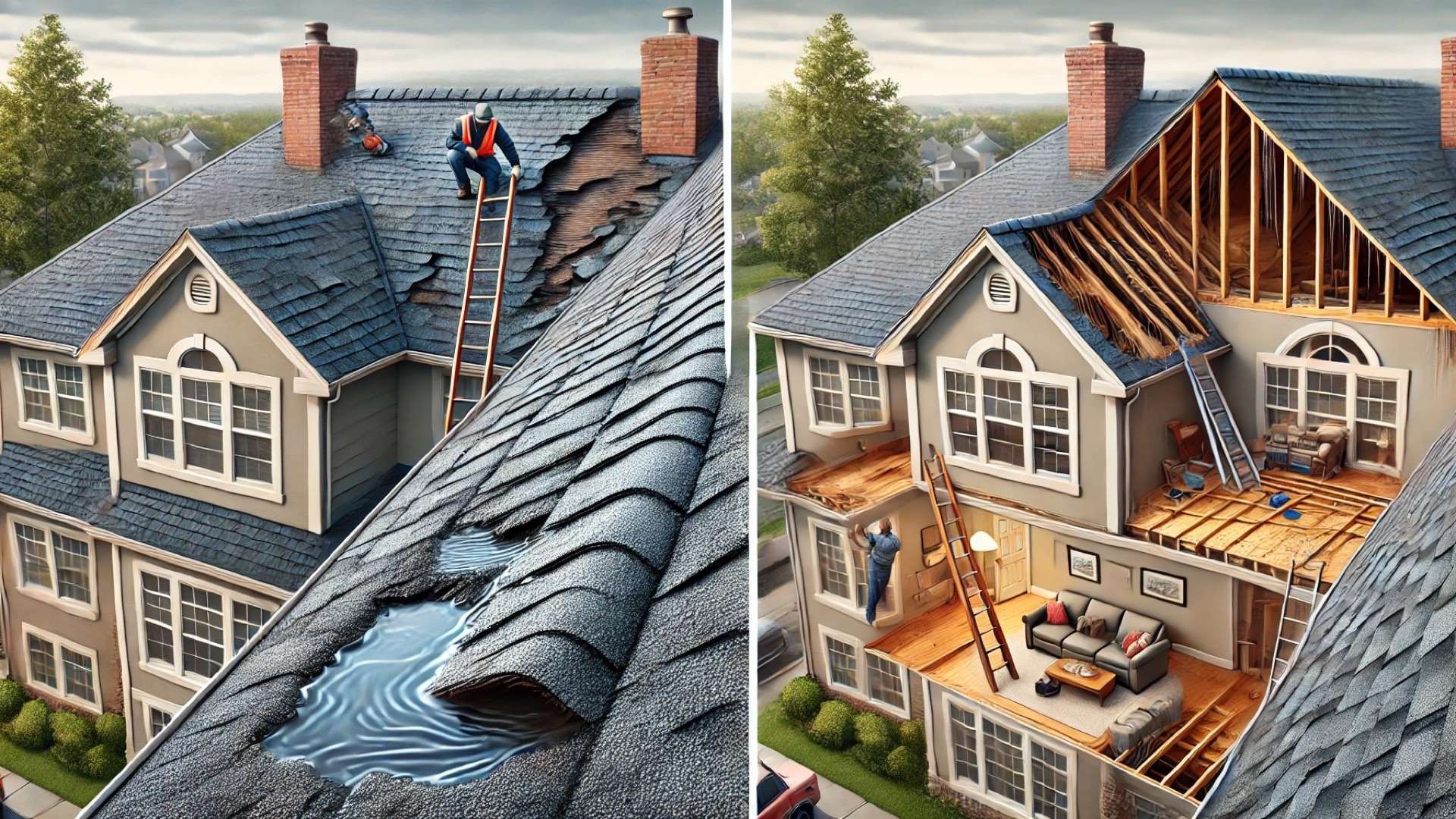 House with visibly damaged roof showing misaligned and missing shingles, pooling water, and a contractor inspecting from a ladder; interior cutaway reveals attic damage.