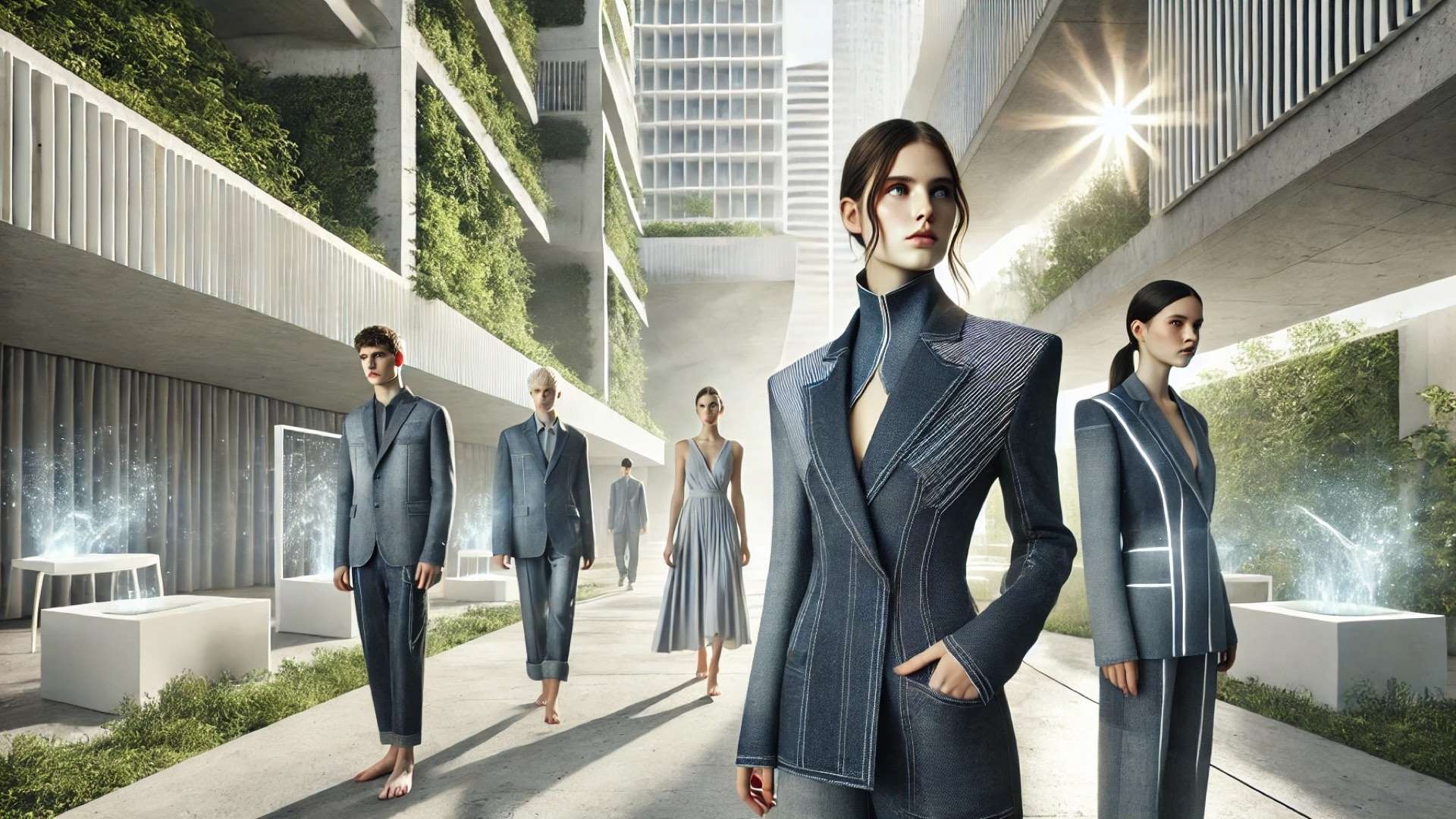 capturing the essence of Stella McCartney and Pure.Tech’s air-purifying denim collection—where sustainable luxury meets atmospheric innovation