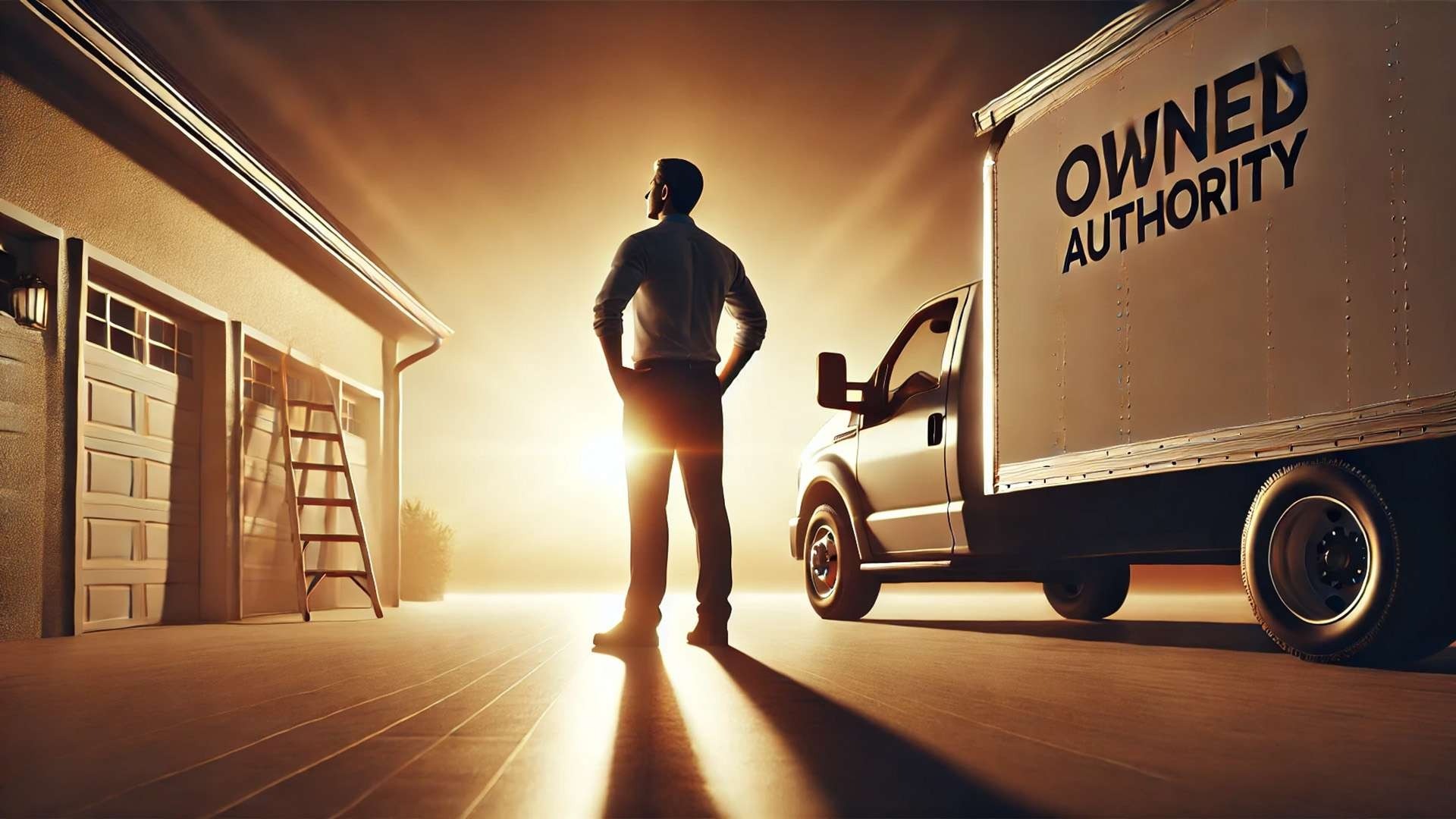 A roofing contractor stands confidently beside a work truck at sunrise, the words “Owned Authority” emblazoned on the side — representing freedom from marketplace dependence and the power of controlling your own pipeline.