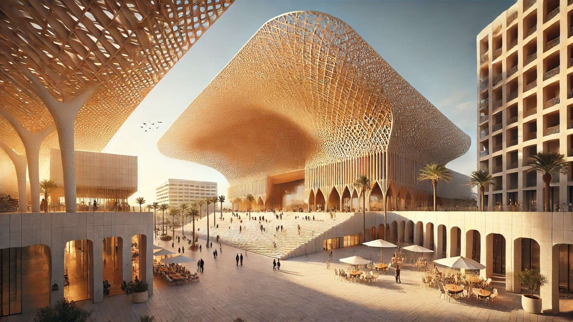 Contemporary congress center in Spain with a dramatic woven facade inspired by esparto grass, surrounded by a sunlit civic plaza and palm trees.