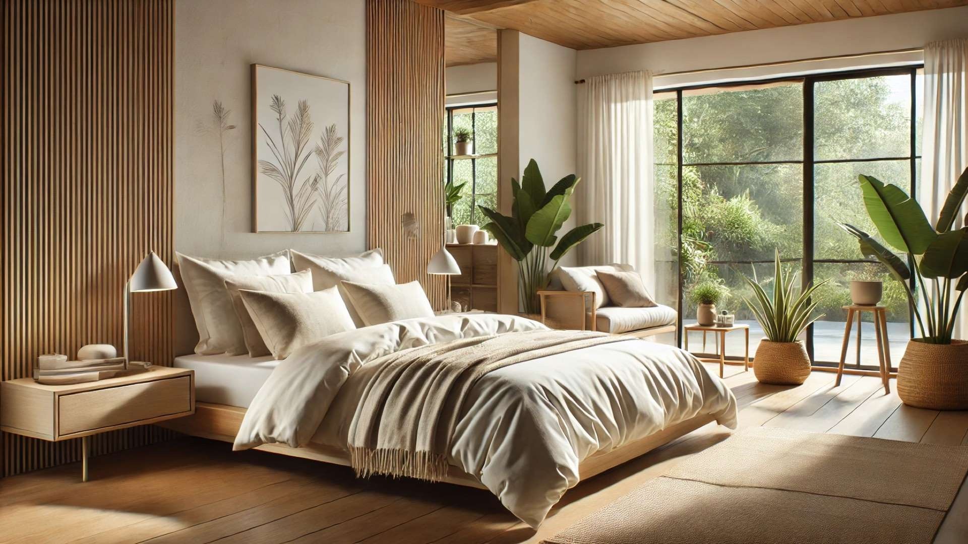 serene, eco-conscious bedroom featuring organic, non-toxic bedding in a modern, minimalist setting