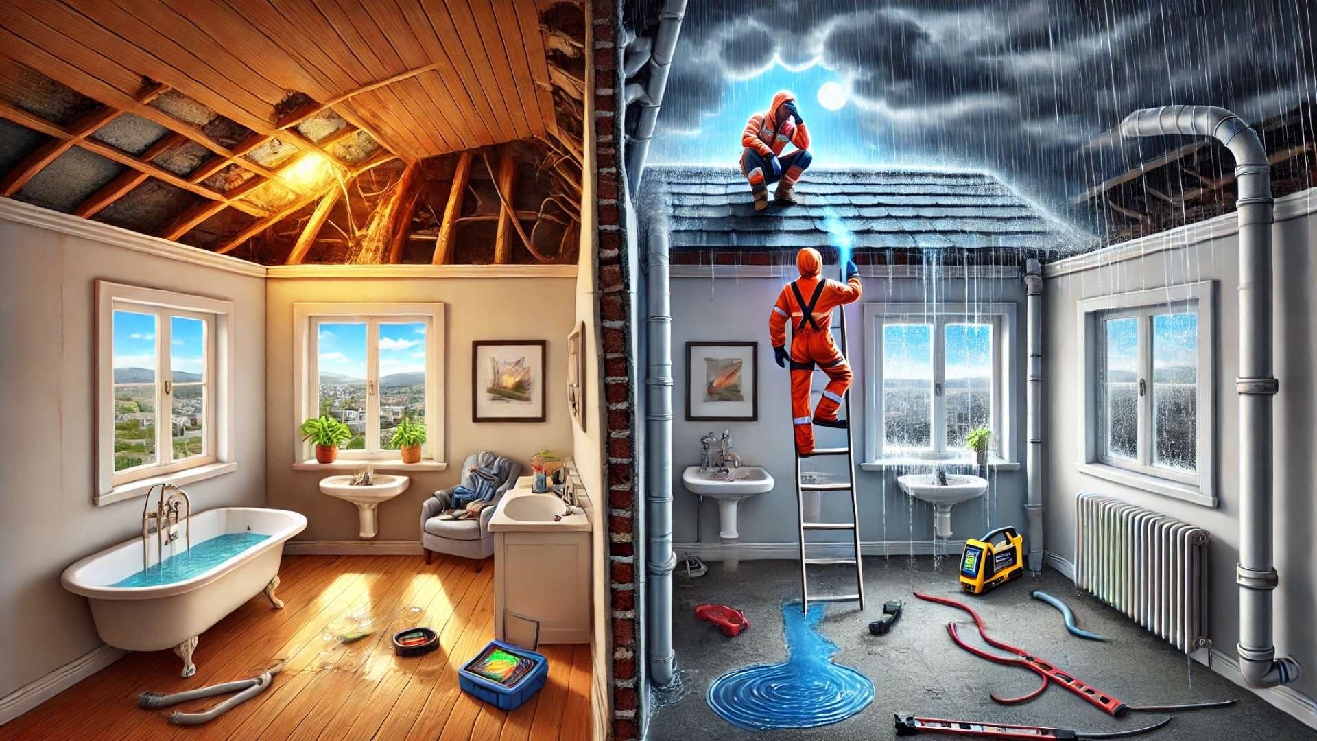 visually explaining the difference between roofing and plumbing leaks within a home setting