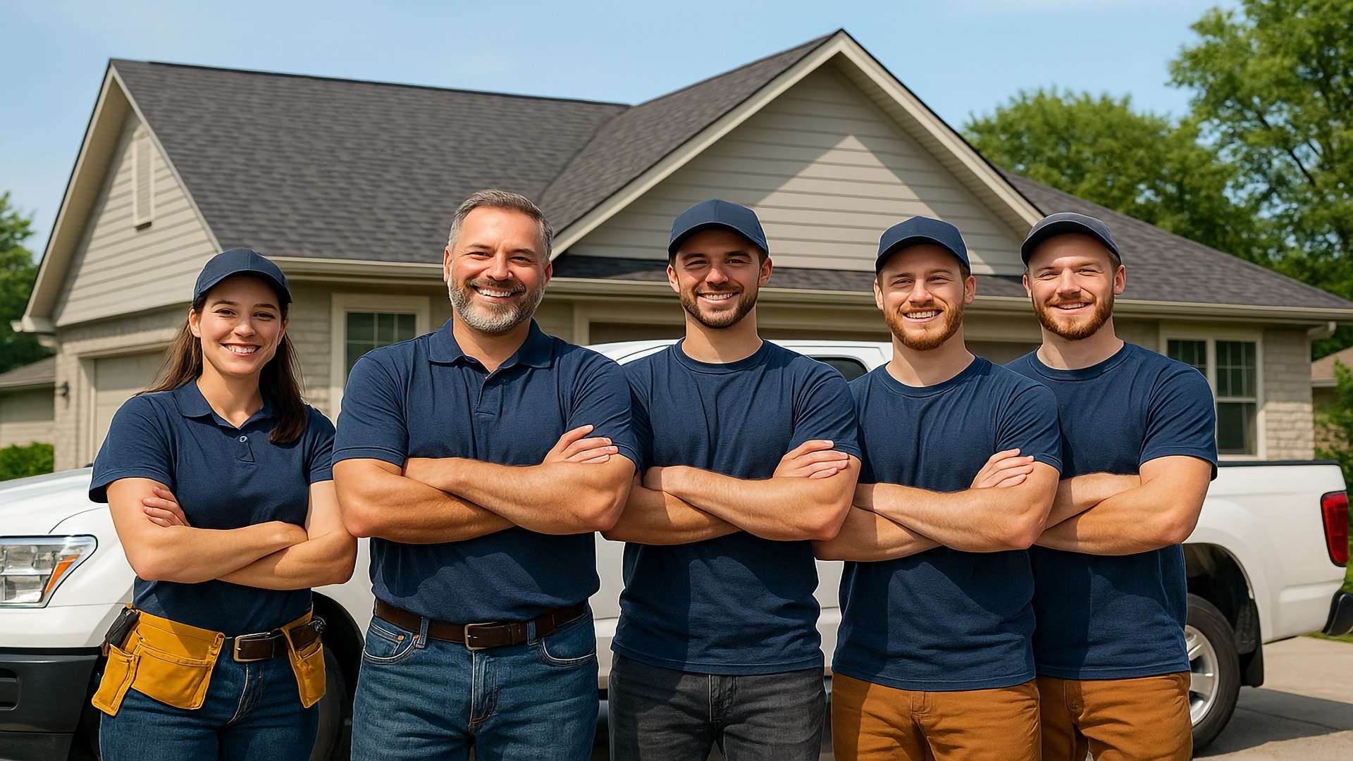 A roofing team smiling in front of their branded truck and a newly finished roof under bright daylight.