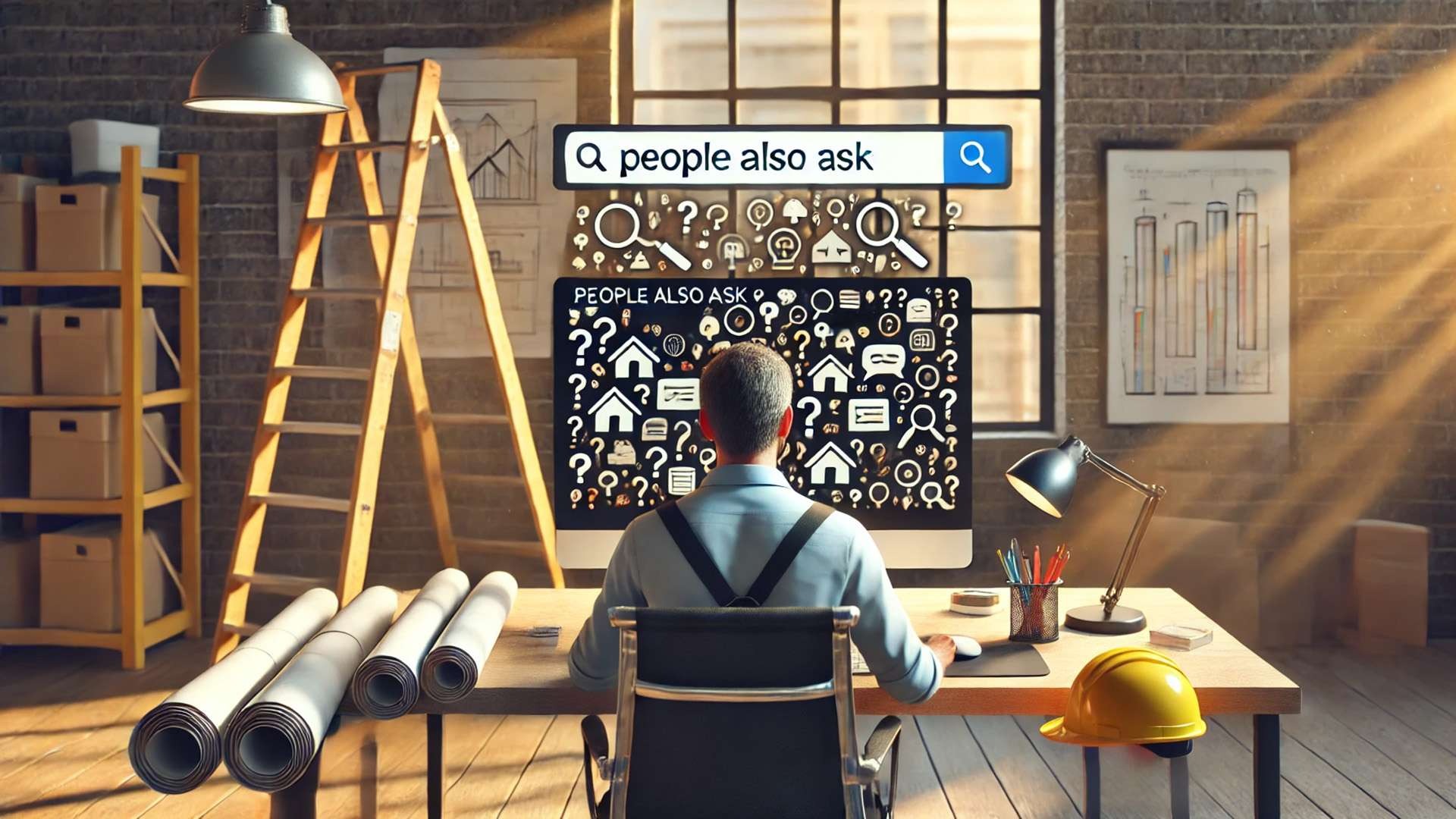 Man in a workshop-style office reviewing a monitor covered in icons and question symbols, representing the ‘People Also Ask’ search pattern data for roofing topics.