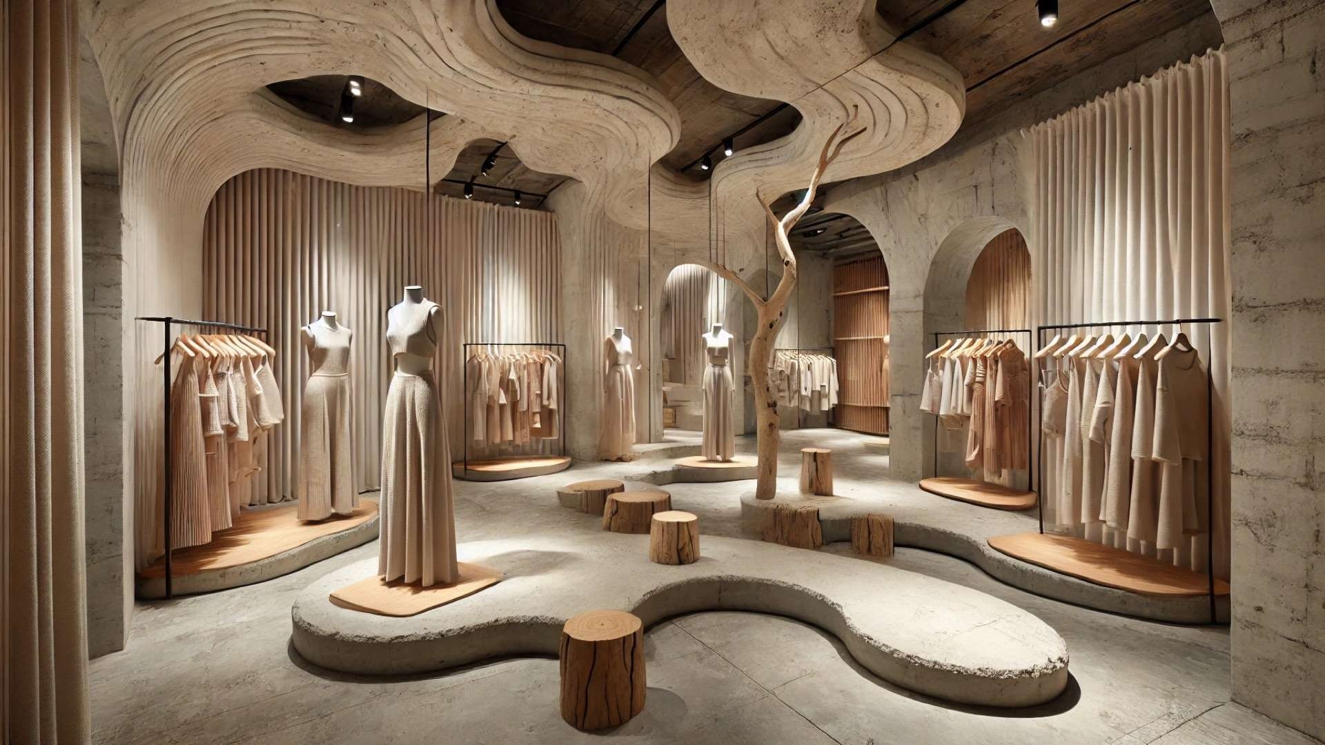 Organic, textured womenswear showroom with curved plaster walls, raw concrete, reclaimed wood, and sculptural display elements inspired by natural irregular forms.