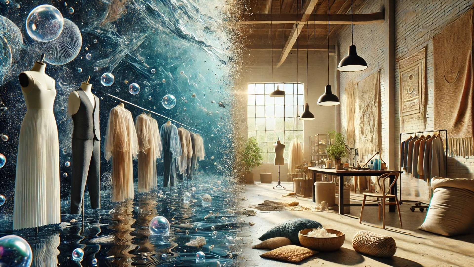 Editorial-style split scene contrasting synthetic fashion materials in a cool blue environment filled with floating microplastic-like particles against a warm sunlit studio showcasing natural woven fabrics and handcrafted garments.