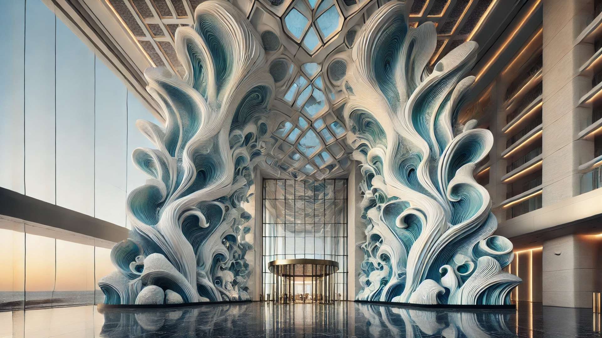 grand entrance of Dubai’s Jumeirah Marsa Al Arab hotel, showcasing Studio RAP’s sculptural “Blue Voyage” ceramic walls that merge natural wave-inspired design with cutting-edge technology and luxury craftsmanship