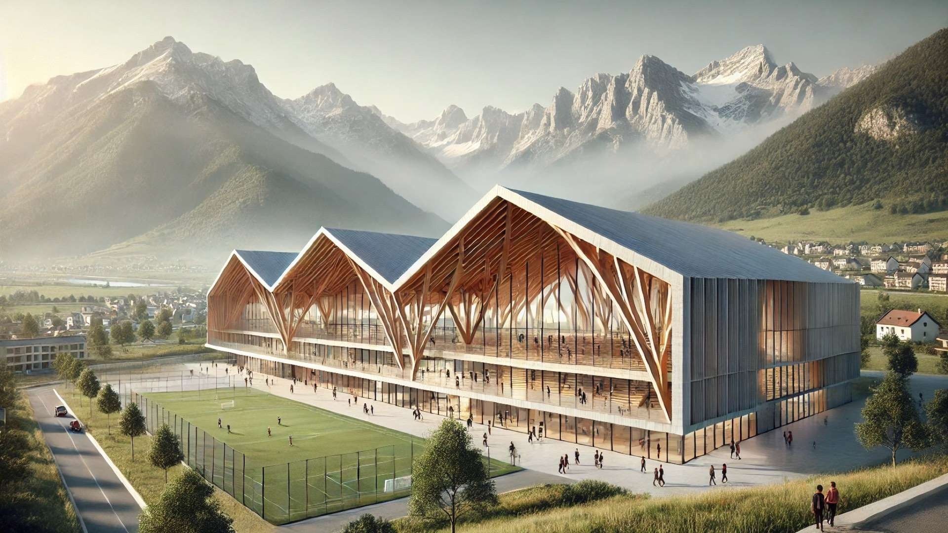 Contemporary timber sports center with gabled roof and open corridors set against the Pyrenees mountains, with people gathering around outdoor courts in warm daylight.