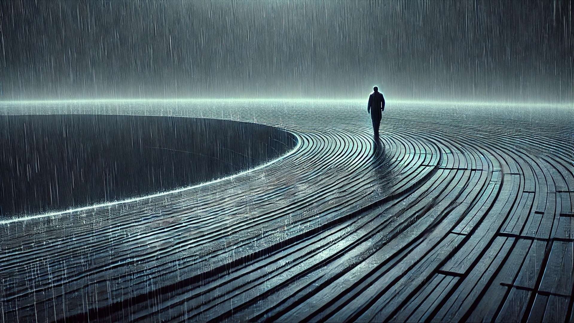A lone figure walks along a smooth, curved platform in rainfall, the surface marked by orderly lines that guide movement around a central void, suggesting designed structure rather than randomness.