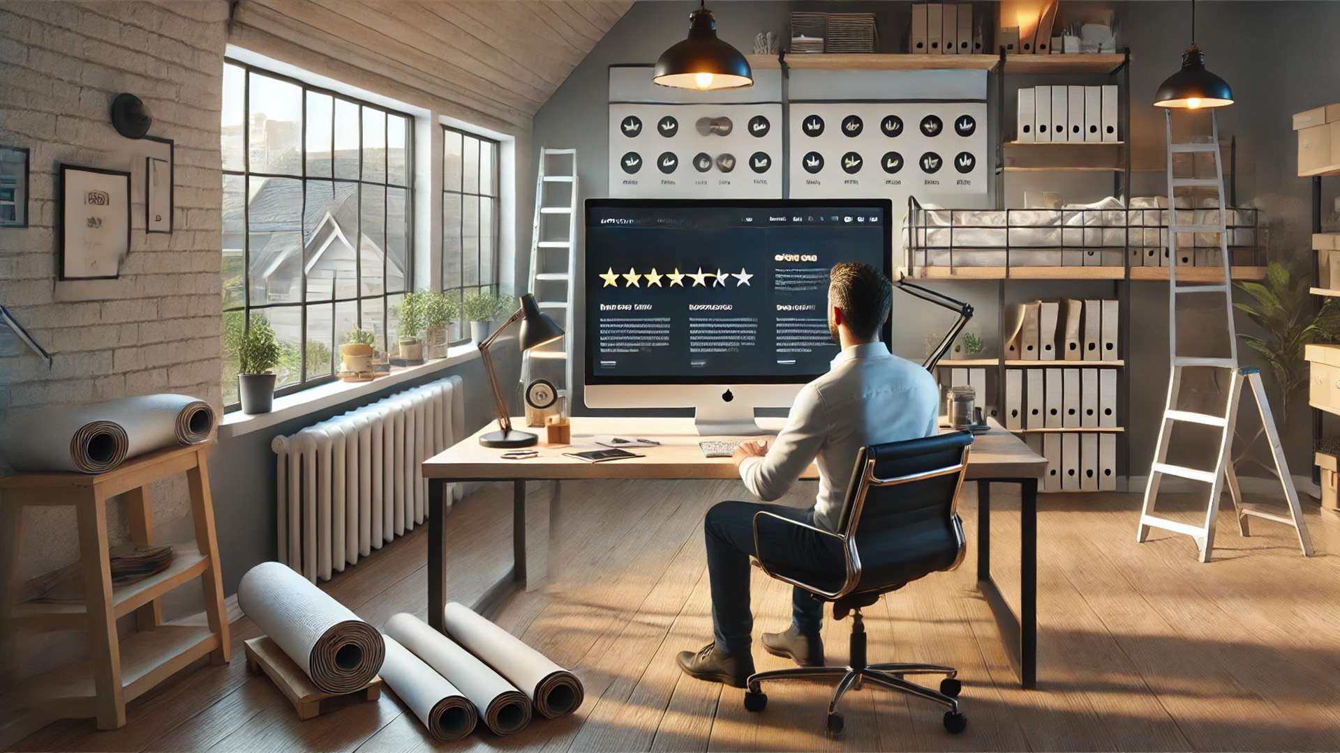 Roofing contractor reviewing side-by-side website proof layers, illustrating how missing reviews and project photos drive premium prospects away.