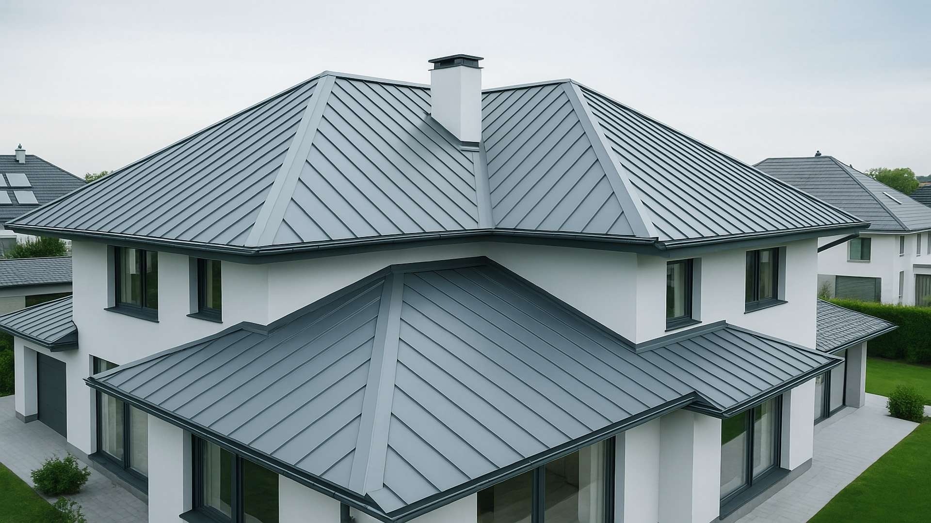 Modern luxury home with zinc standing-seam roof in cool overcast daylight