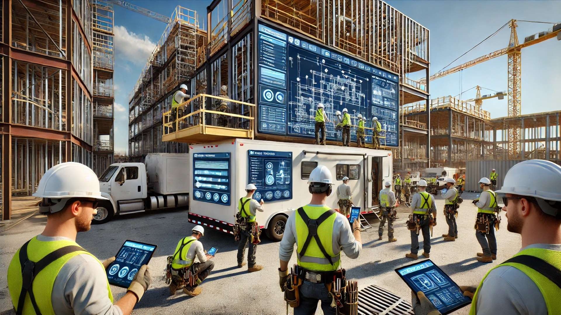 modern, tech-integrated construction site inspired by the Bluebeam Task Link integration
