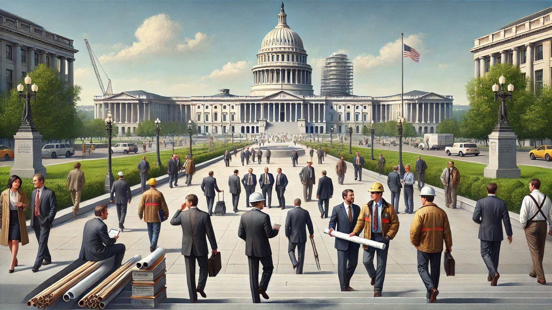 Roofing professionals in business attire and hard hats gathering on Capitol Hill, walking toward a domed government building under a bright spring sky.